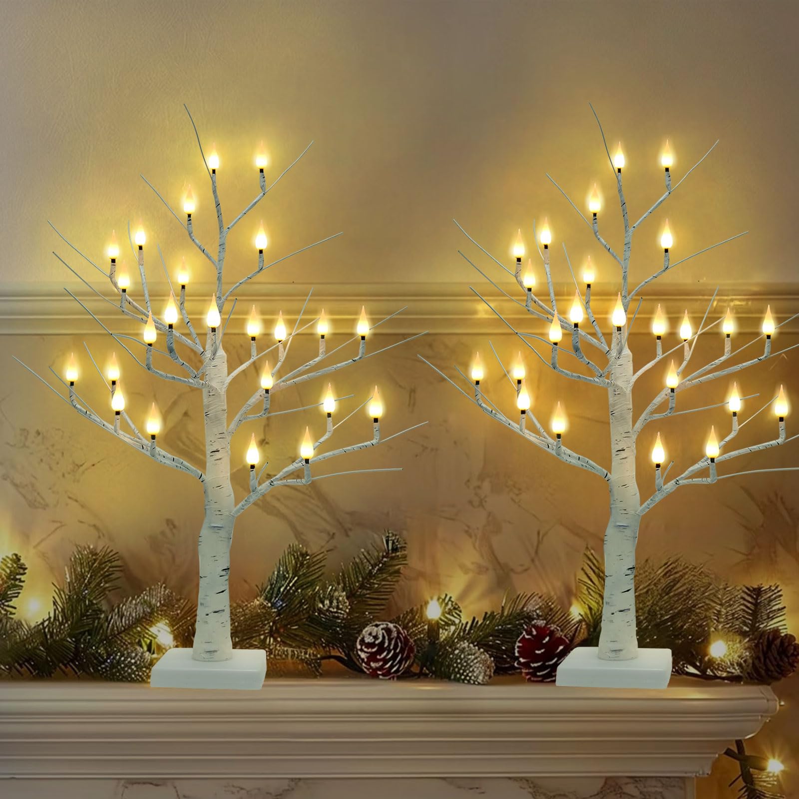 Verbesserter Birkenbaum mit 24 flammenlosen Kerzenlichtern, 60 cm langer Kerzenlichtbaum für Weihnachtsdekoration, Batterie-/USB-Kerze, beleuchteter Birkenbaum für Tisch, Zuhause, Halloween,