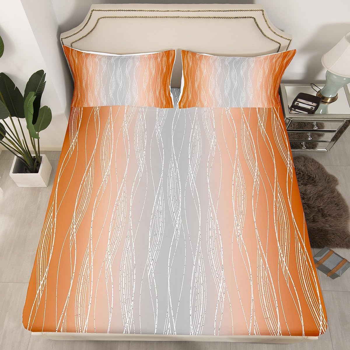 Erosebridal Gradient Orange and Greyish White Fitted Sheet Full Abstract Burnt Orange Ombre Bedding Set Geometric Silver Striped Bed Sheets Aesthetics Gradient Fitted Sheets Bedroom Decor