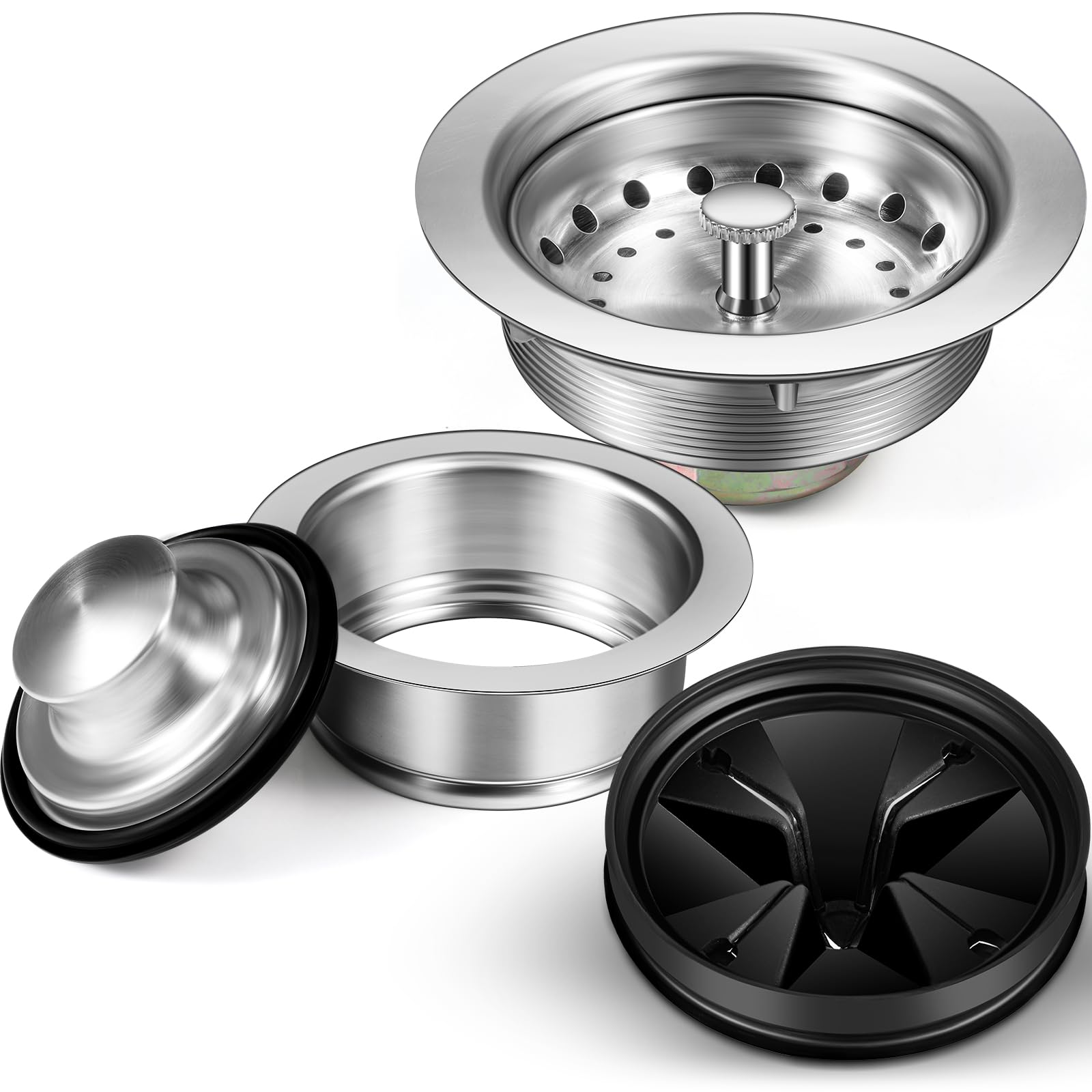 Norme 5 Pcs 3-1/2 Inch Kitchen Sink Stainless Steel Basket Strainer with Sink Garbage Disposal Flange, Stopper, Splash Guard Kitchen Sink Flange Replacement Accessories Kit (Silver)