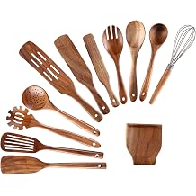 Kitchen Utensils Set, NAYAHOSE 12 Pcs Teak Wooden Cooking Spoons Spatula Spurtles Kit with Spoon Rest Whisk, Non-stick Natural Kitchen Tools