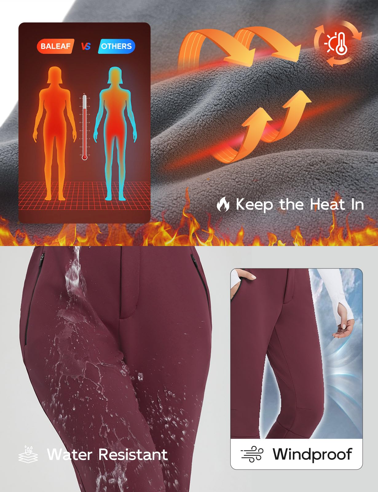 baleaf Pantaloni da sci da donna foderati in pile, impermeabili, con tasche con cerniera, per escursionismo, camminata, snowboard