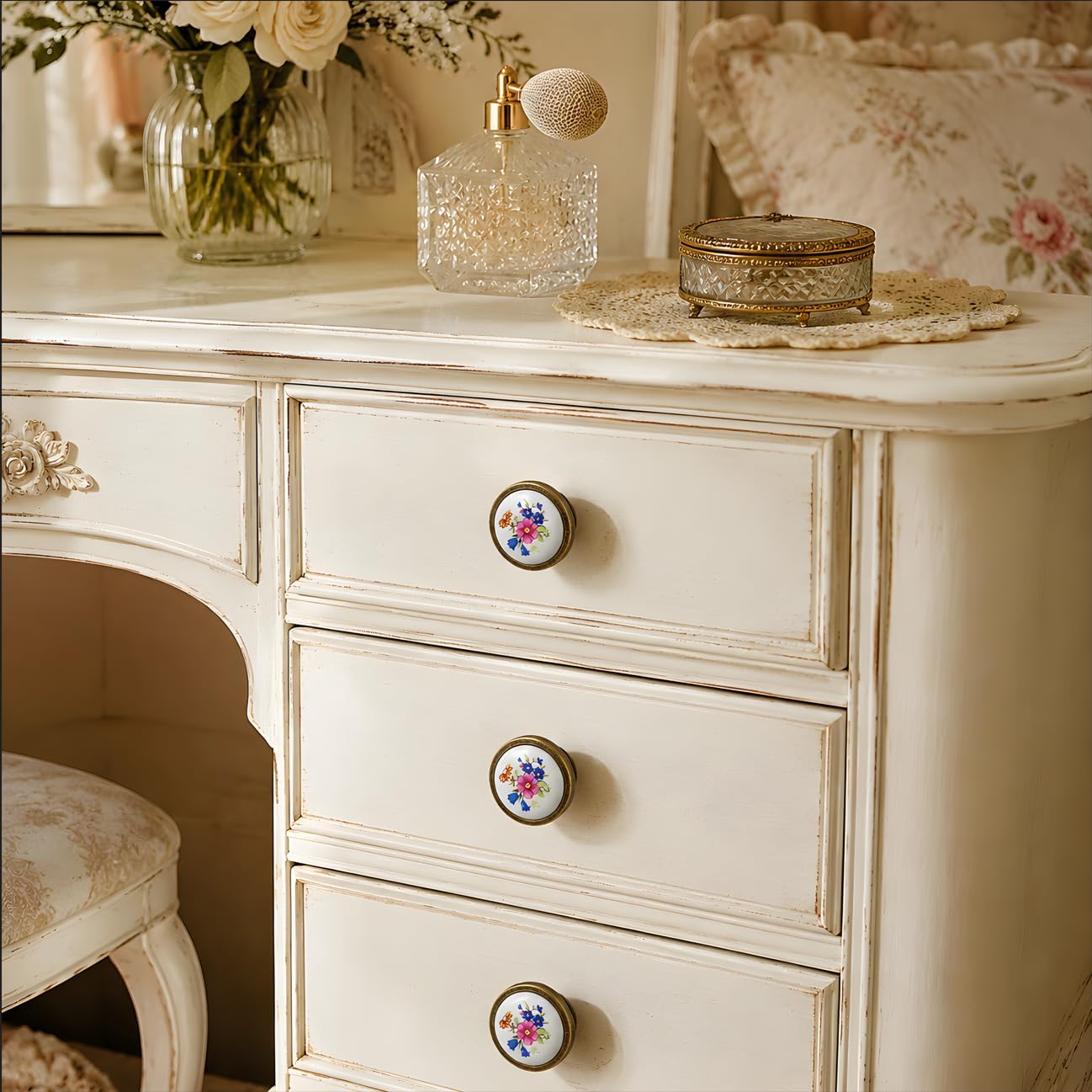 Vintage Floral Ceramic Cabinet Knobs, Drawer Pulls with 2 Sizes Mounting Screws