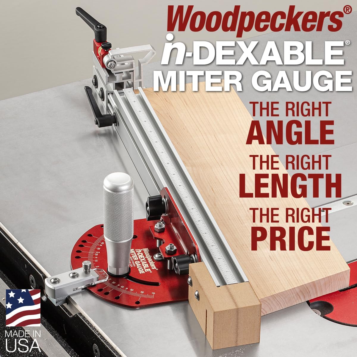 Woodpeckers in-DEXABLE Miter Gauge – Precision Table Saw Cross-Cuts with Micro-Adjust Flip Stop, Indexed Angles & Leaf Spring Miter Bar – USA-Made IMG-I