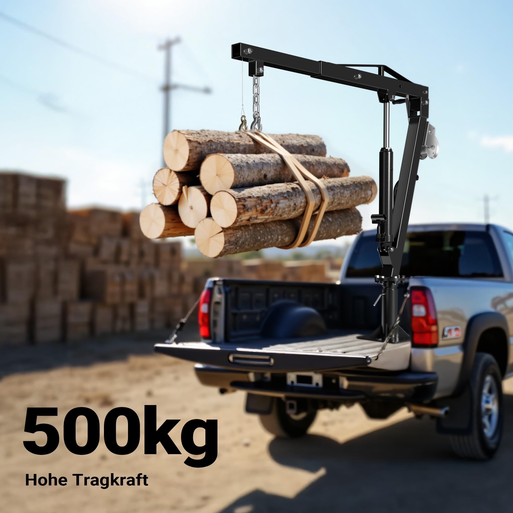 Wiltec Pickup Kran Ladekran bis 1770 mm Höhe, 500 kg Traglast und 360° Drehkranz, Seilwinde, massiver Standfuß zur Bodenmontage, Werkstattkran