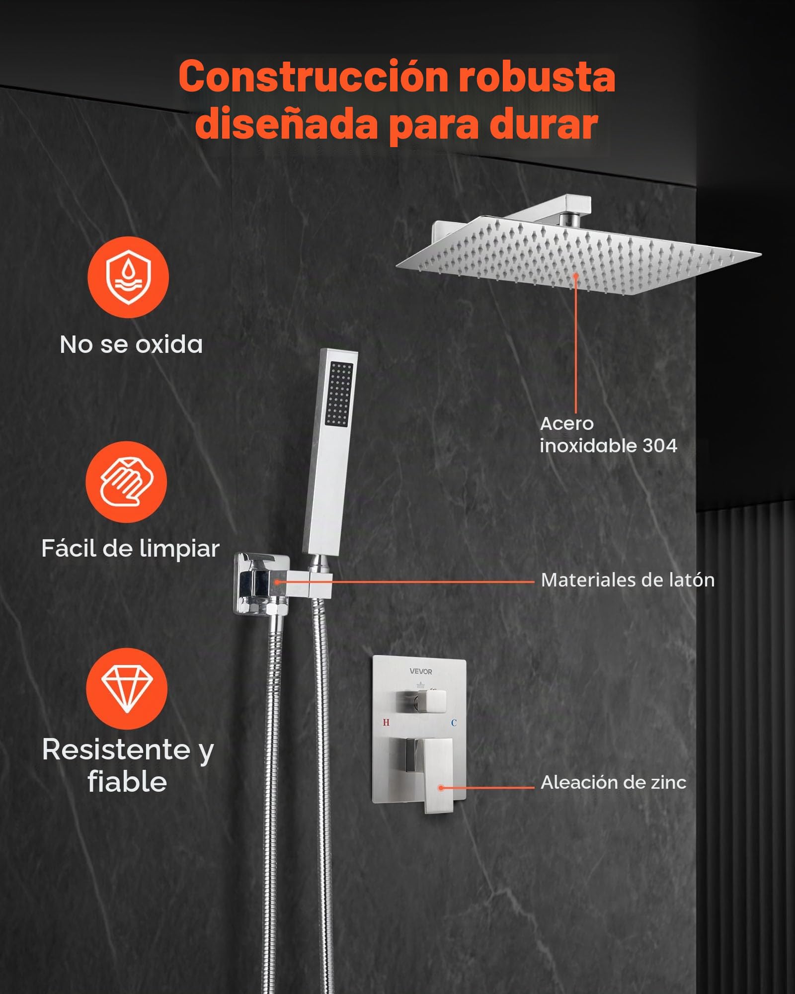 VEVOR Juego de Grifo de Ducha de Lluvia con Cabezal de Ducha Cuadrado 25,4 cm y Rociador de Mano, Grifería de Baño de Pared con Válvula Latón y Kit de Embellecedor, 6,7 L/min, Níquel Cepillado