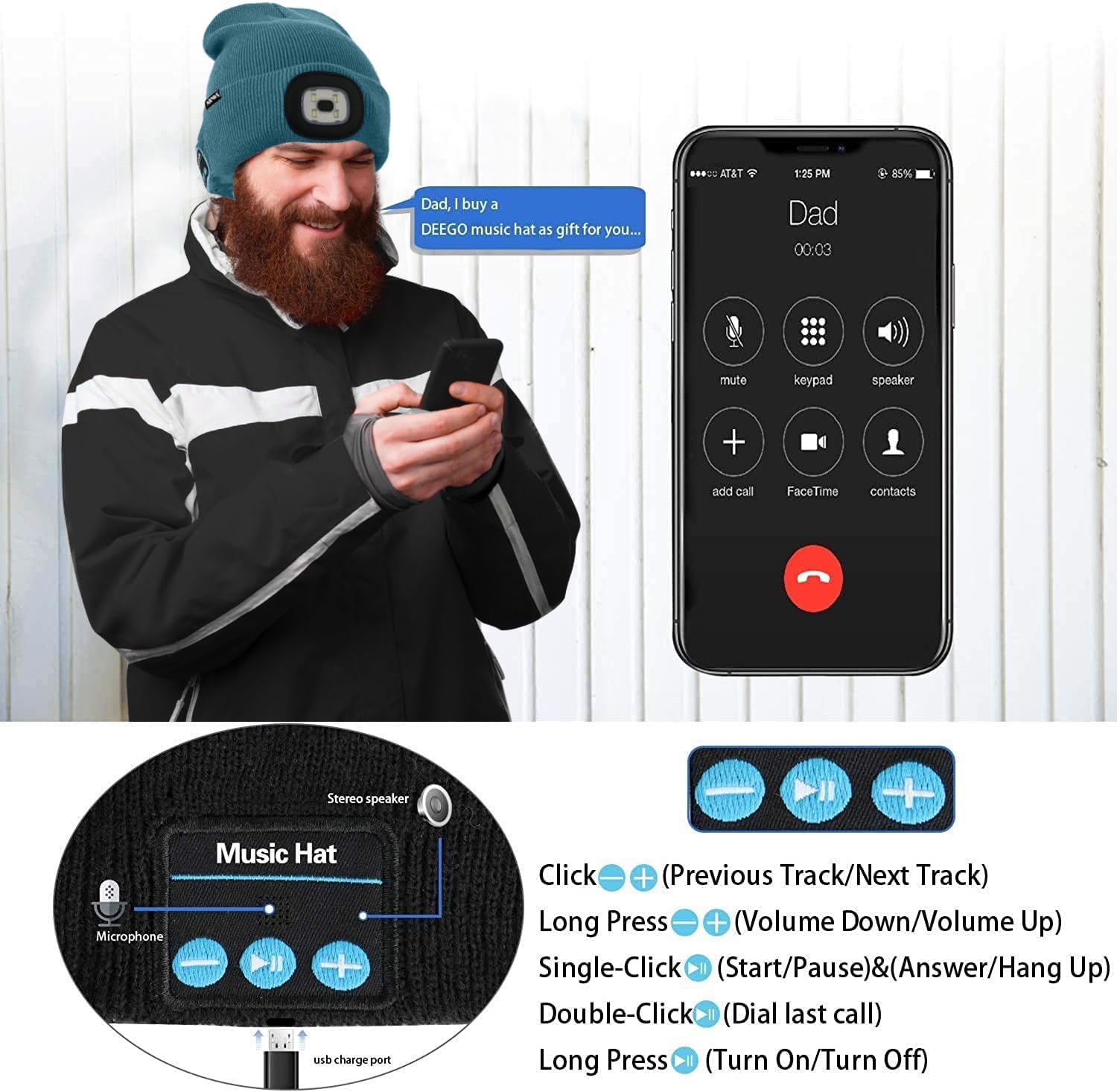 ATNKE LED Lighted Bluetooth Beanie Hat,USB Rechargeable 4 LED Wireless Run Headlamp Lined Fleece Cap for Men and Women