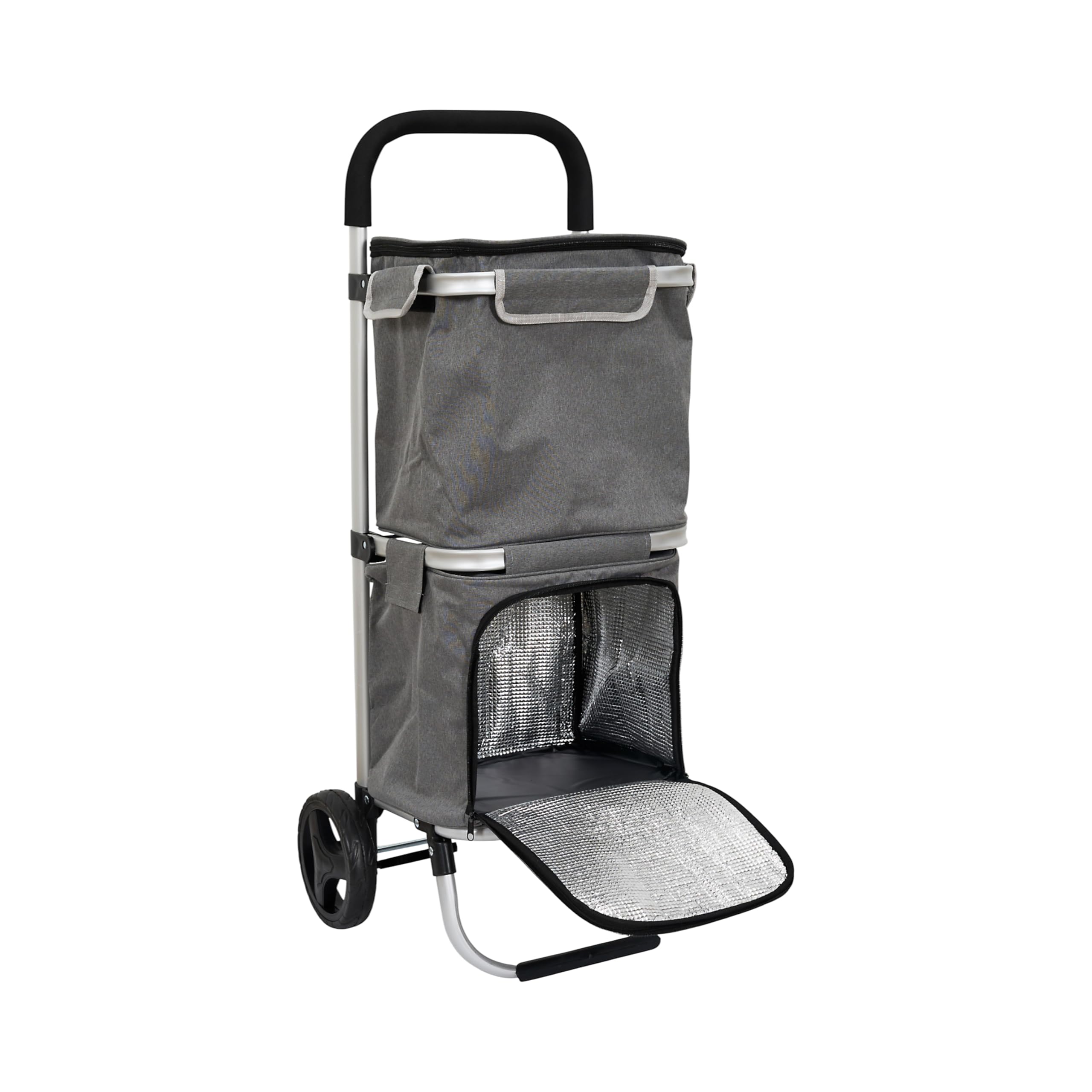 Sh8541 - Chariot Aluminium Léger avec 2 Compartiments pour Courses - Idéal pour Conserver Vos Aliments au Frais - Roues Robustes - Poignée Ergonomique - Gris - Taille M