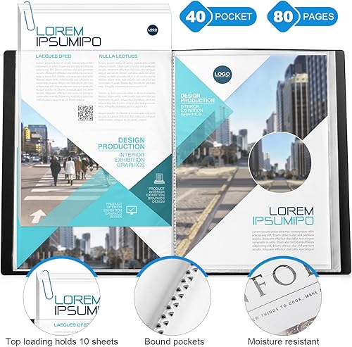 Vista 62 de Marspark 6 carpetas con fundas de plástico grandes de 8.5 x 11 pulgadas, 40 bolsillos, 80 páginas, portafolio de arte, protector de hojas Negro