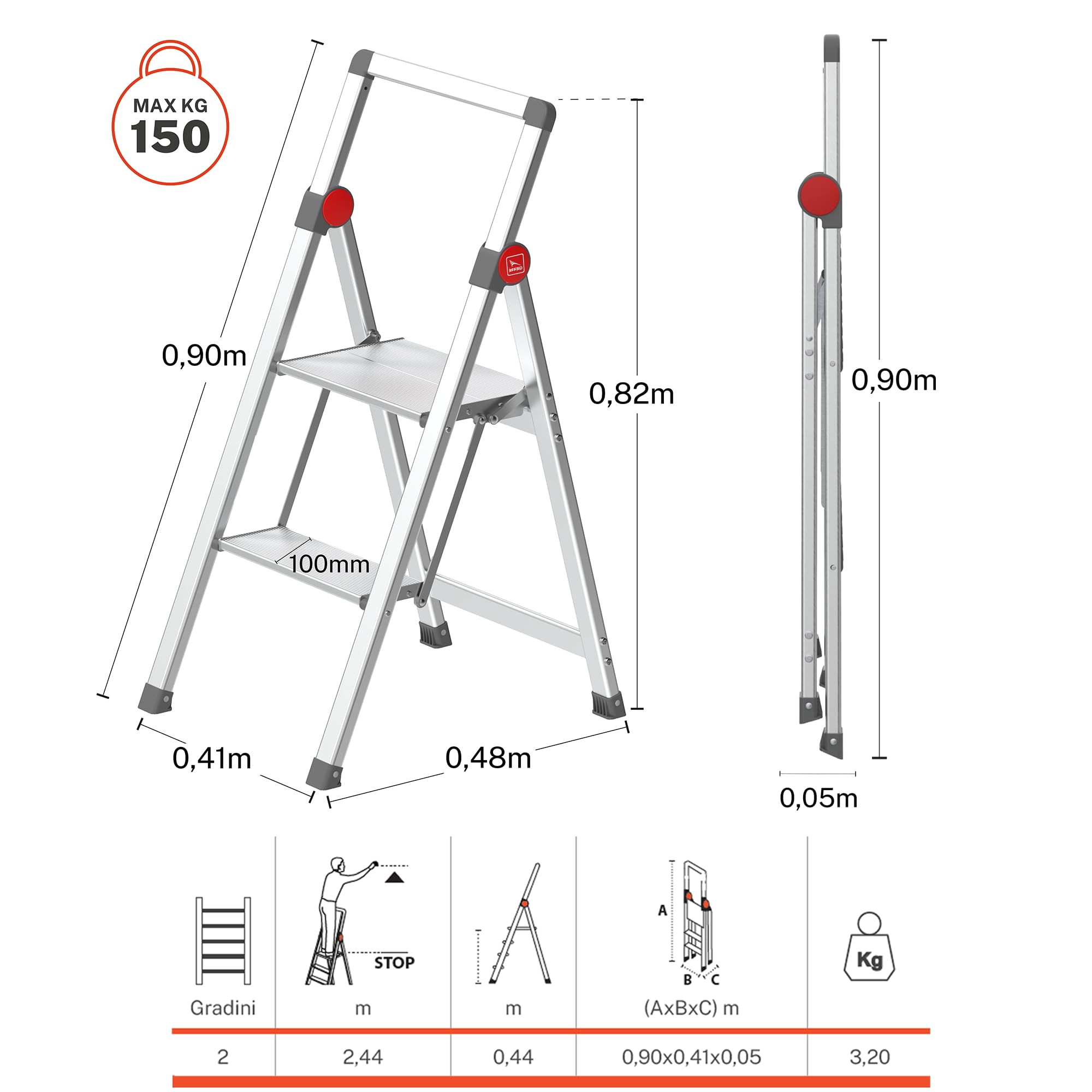 GIERRE Scaletta 2 Gradini Pieghevole Salvaspazio 90H x 41 cm Scala Alluminio con Gradini Zigrinati Profondi 10 Cm Scaletta Pieghevole con Piedini Antiscivolo e Comoda Piattaforma da 30,5 cm