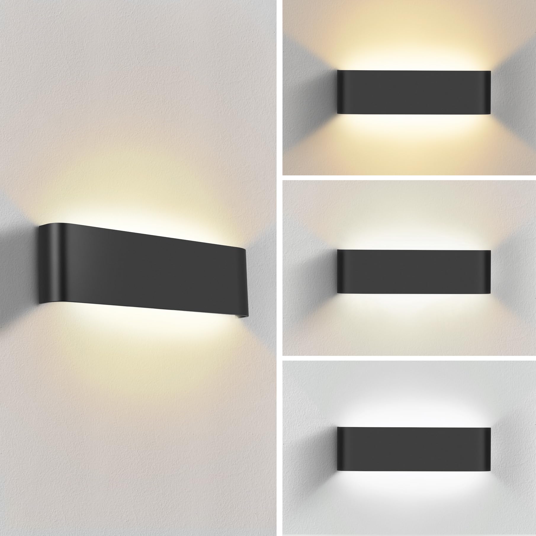 OMBRAT Indoor LED Wall Lights, 18W Up and Down Sconce, 3000K/4500K/6500K Adjustable Colour, Matte Black Aluminium Fixture for Living Room, Bedroom and Hallway, Black 11 Inch, 2 Pack