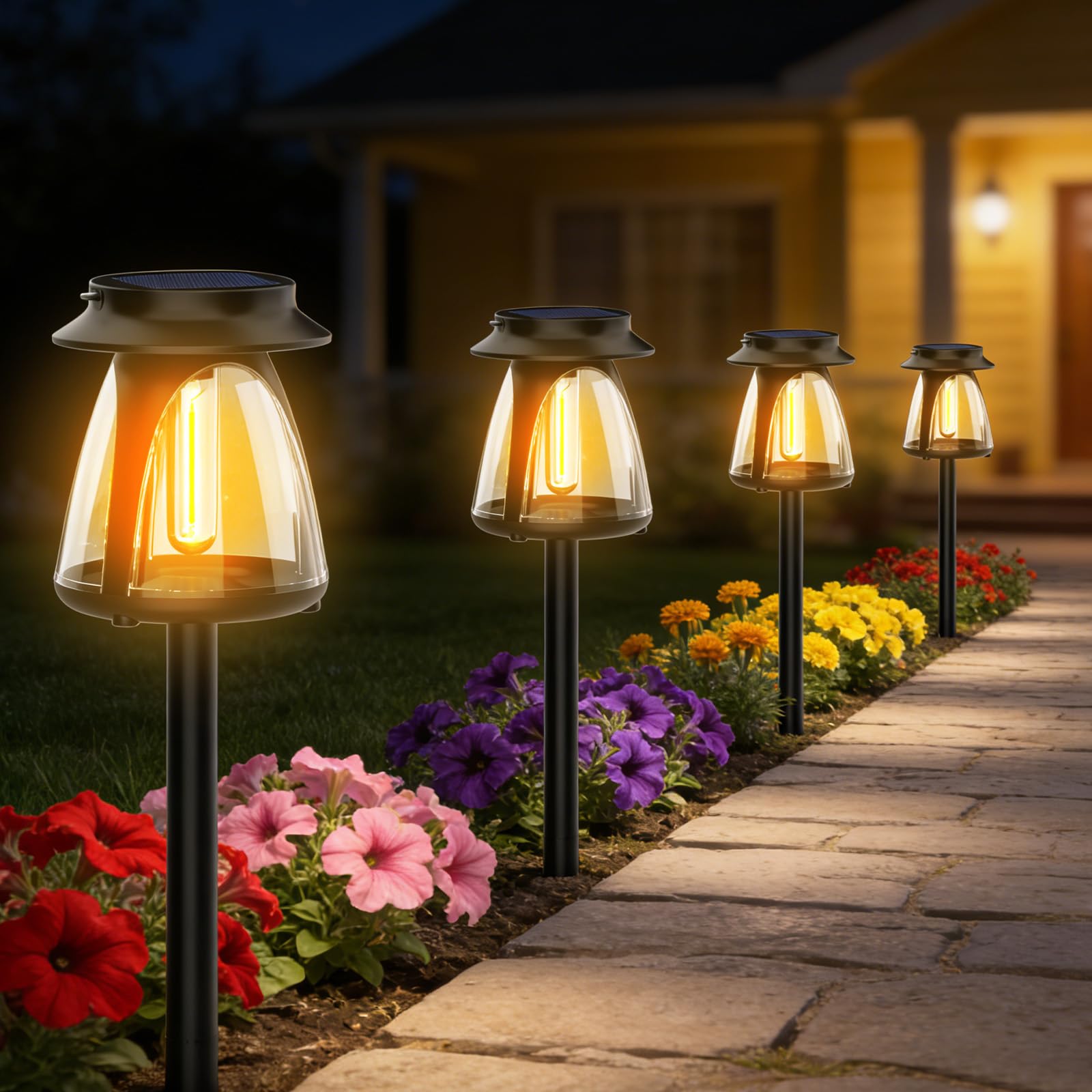 Luci Solari da Giardino 2 Pezzi Lampade Solari da Terra con Paletto e Maniglia LED 3000K a Filamento Caldo Impermeabile IP65 Auto Accensione Tramonto per Esterno Vialetto Terrazzo Balcone Campeggio