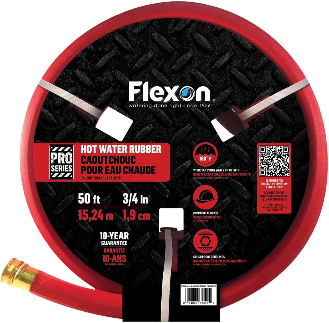 Flexon 3/4" x 50-Foot Heavy Duty Hot Water Premium Rubber Garden Hose – Durable, Kink-Resistant, Handles Hot Water up to 180°F, Solid Brass Couplings, Ideal for Hot Water, Lawn, and Outdoor Use