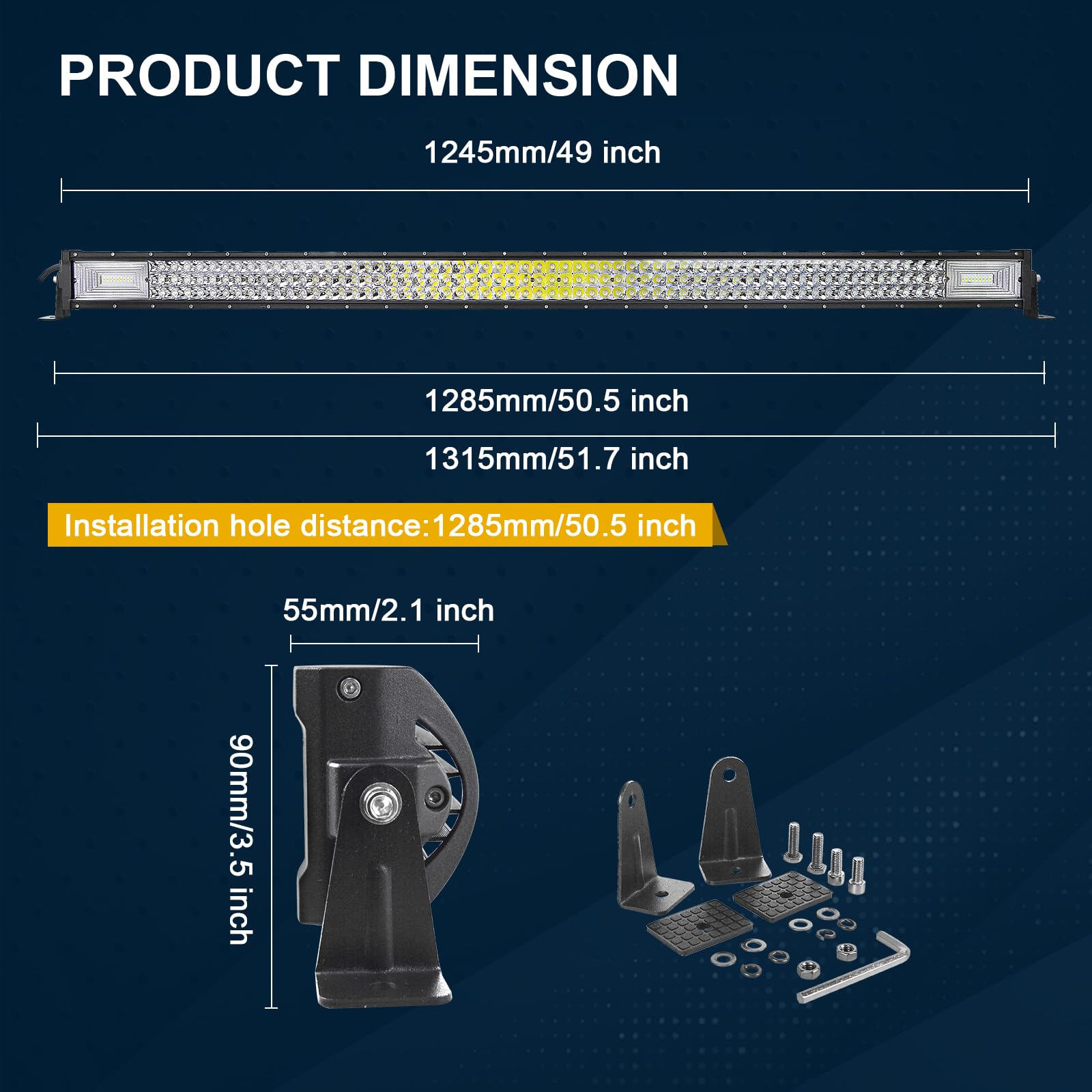 AUXTINGS Listwa LED 127 cm 648 W, okablowanie, rampa LED, reflektor punktowy i powodziowy, 12 V, 24 V, reflektor LED, wodoodporny, reflektor roboczy LED, do 4 x 4 cm, ciężarówka, ciągnik, łódź, pojazd