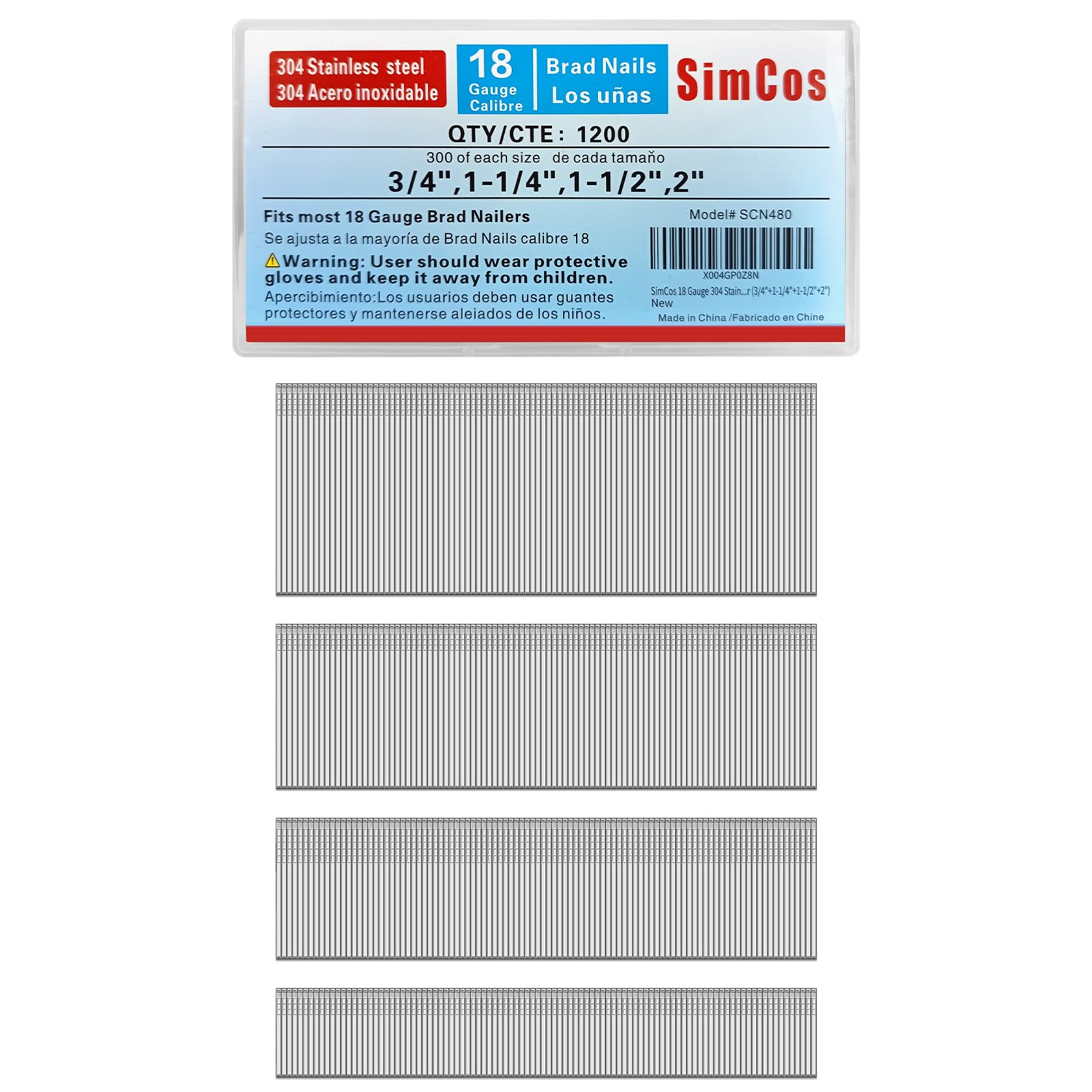 SimCos 18 Gauge 304 Stainless Steel Brad Nails 18 GA Nail Gun Nails Assorted and Small Finishing Nails for Pneumatic, Electric Brad Nailer (3/4"+1-1/4