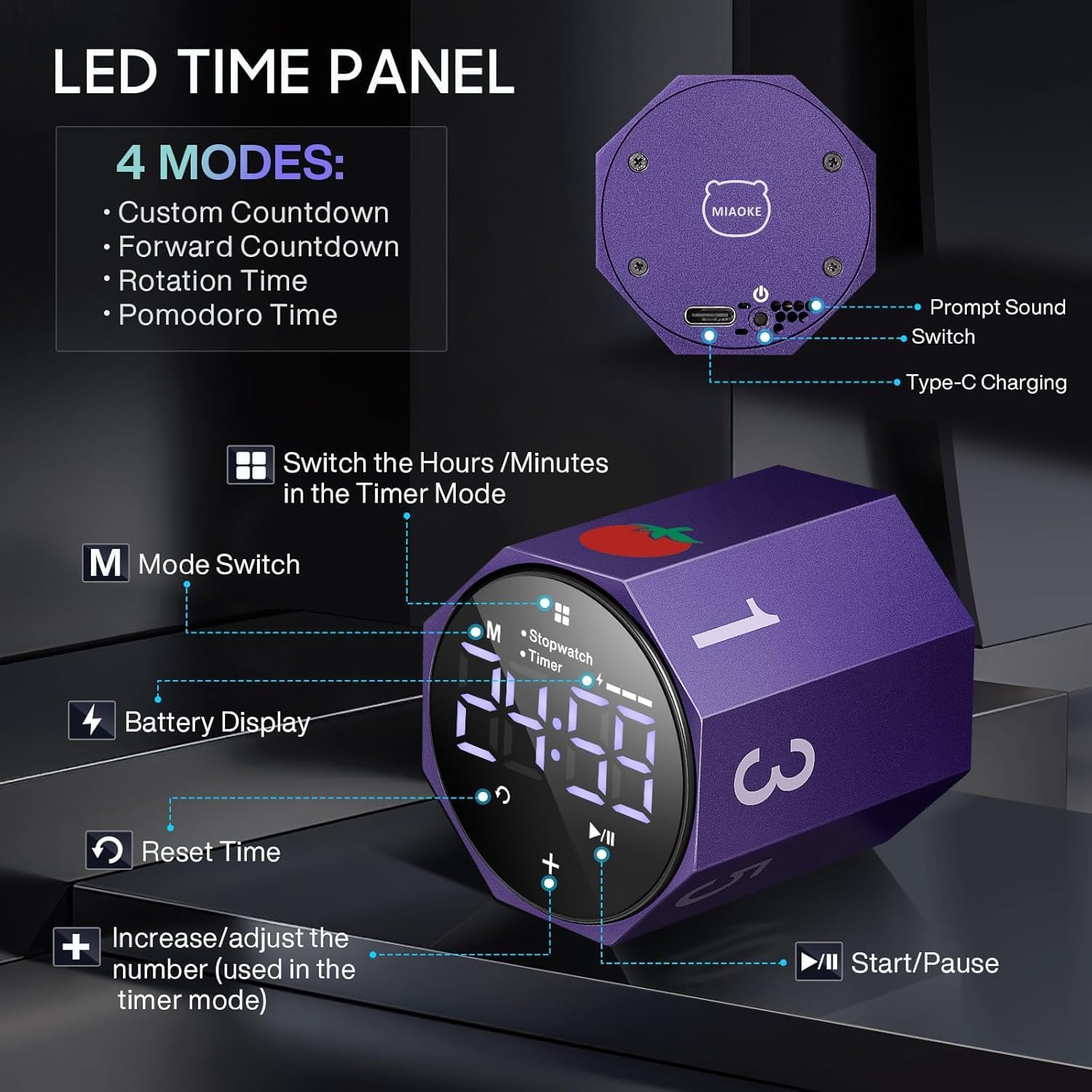 Metal Pomodoro Timer, ADHD Timer Automatically Rotated Display, for Focus