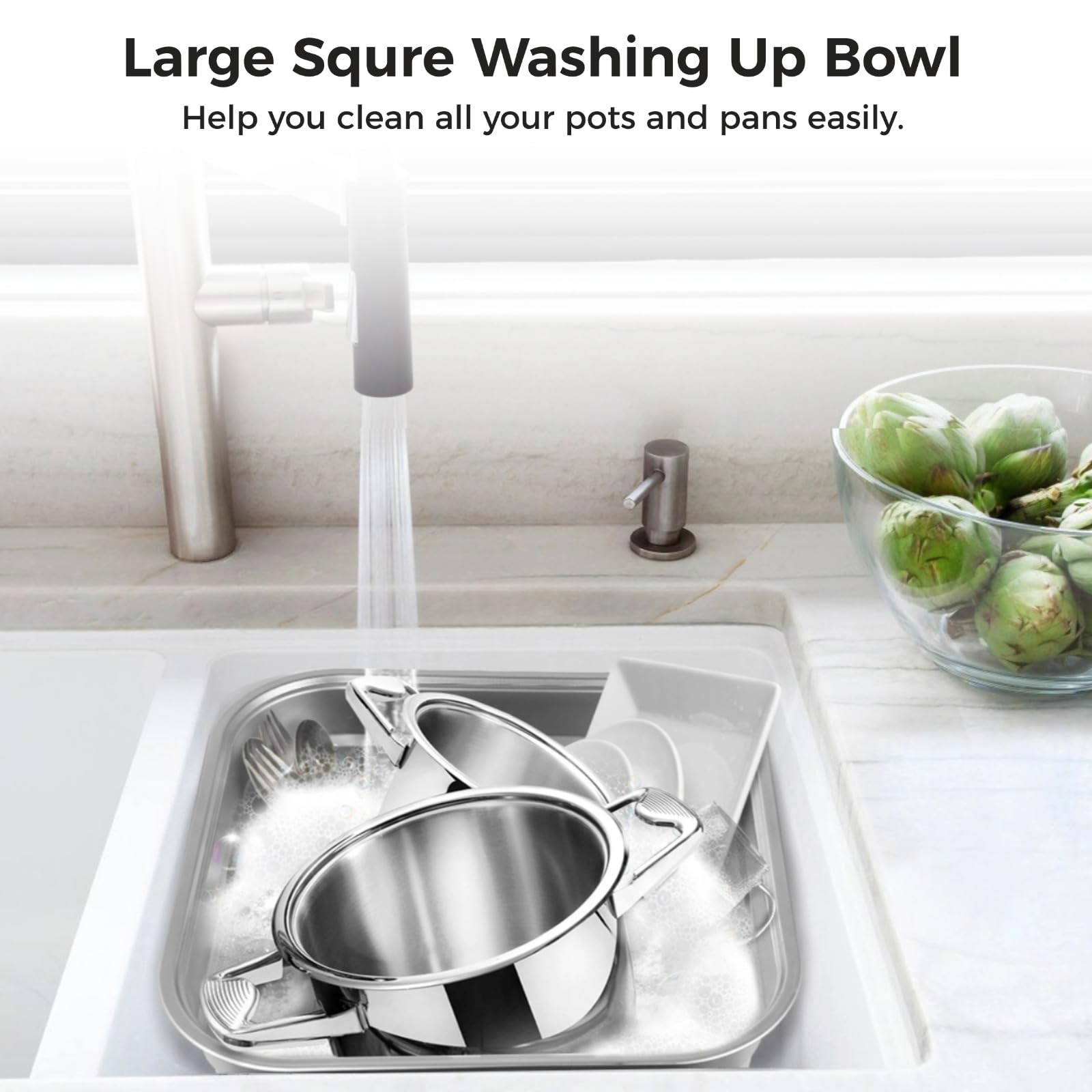 yeesport Ciotola in acciaio inox, bacinella multiuso per lavello, grande contenitore quadrato per cucina, lavabo per verdure, robusta padella per la casa