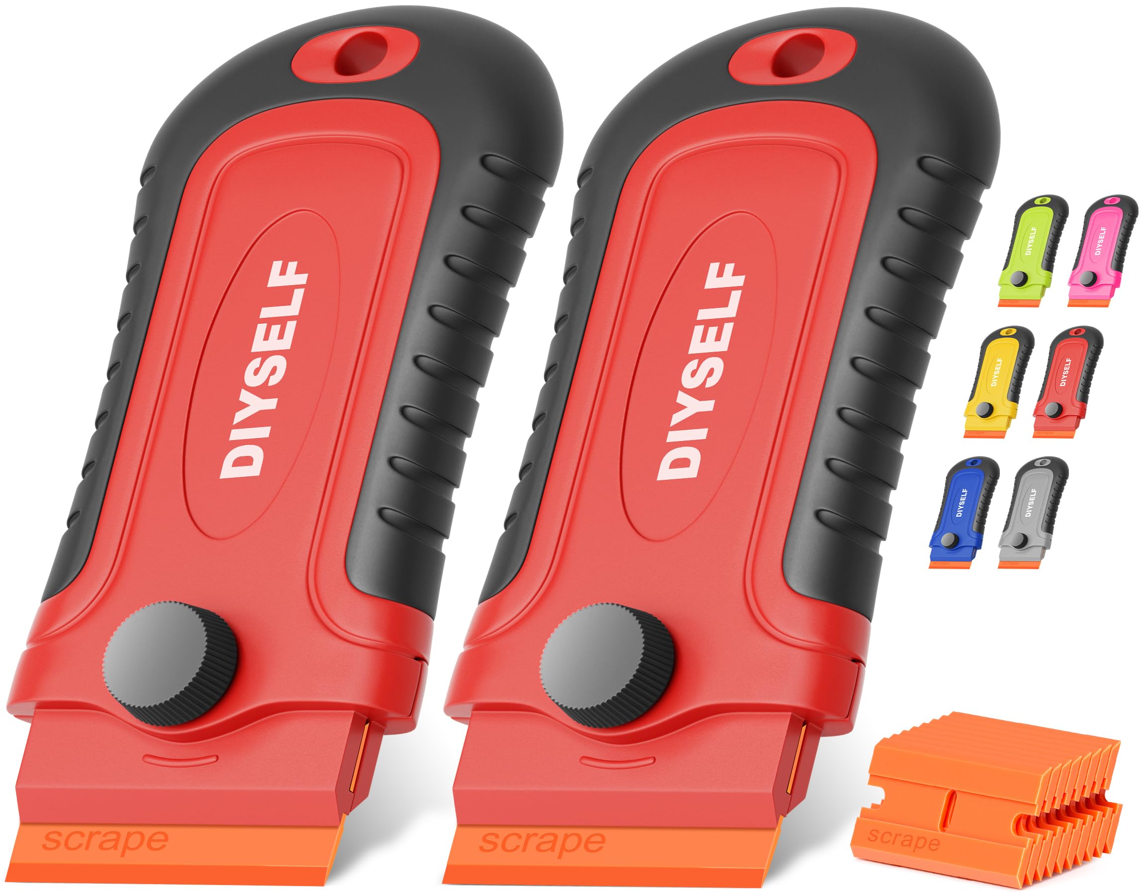 DIYSELF 2 Pack Plastic Scraper Tool Non Scratch with 10 Blades, Red