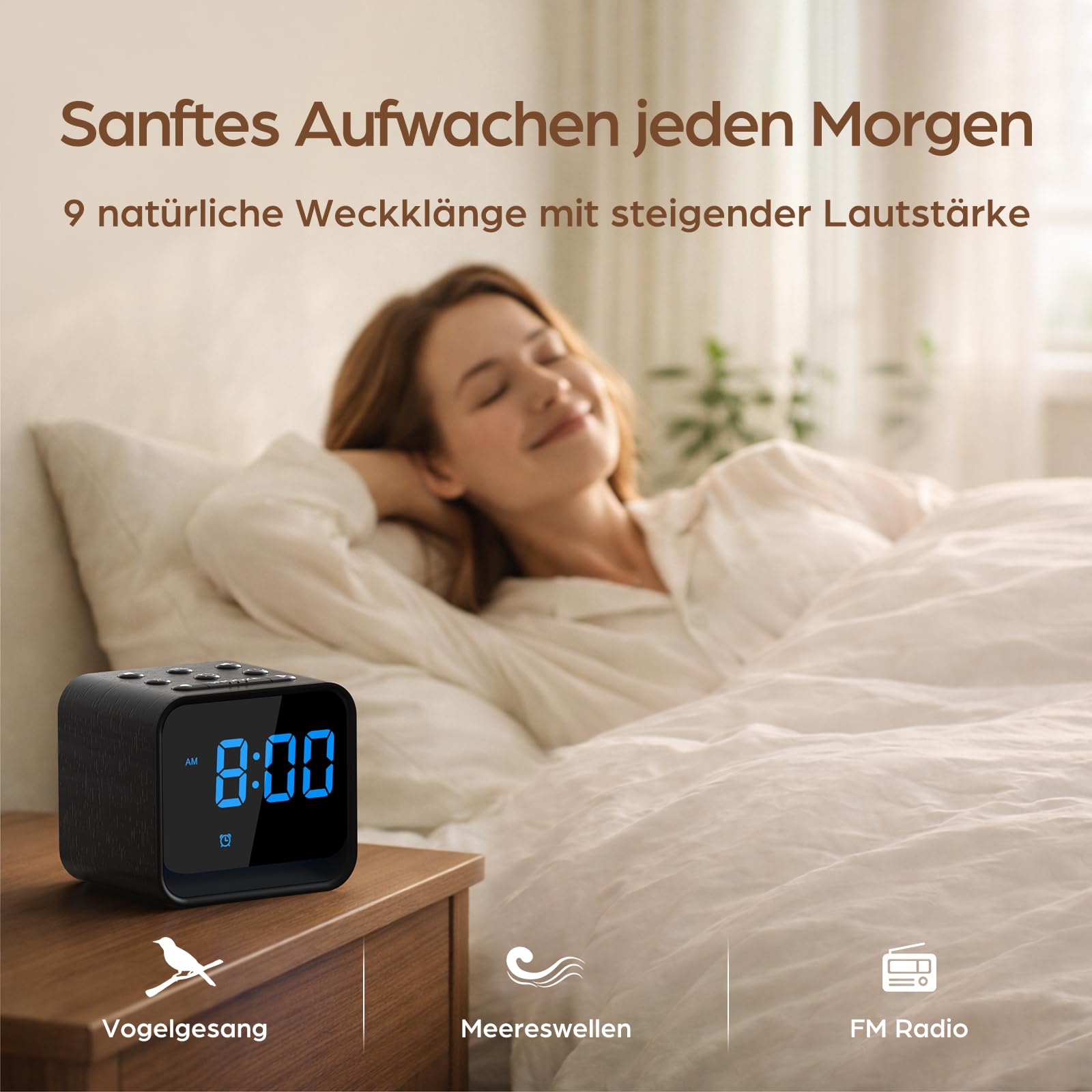 DOUMOSH Radiowecker Holzoptik mit Naturklängen & dimmbares Display - Sanftes Aufwachen mit steigender Lautstärke, digitaler Wecker mit Nachtlicht, Kompaktes Design für den Nachttisch