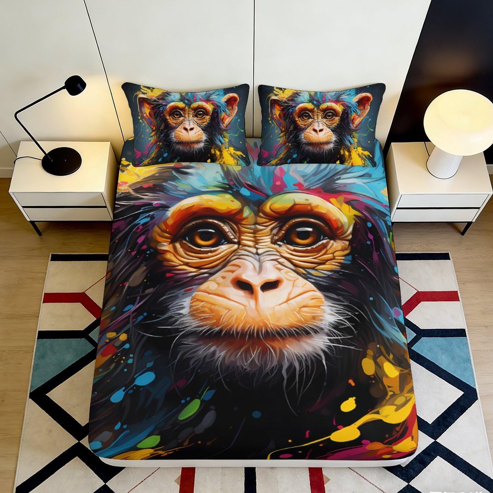 3D Printed Colorful Monkey Fitted Sheet Microfiber Soft Anti-Slip Artistic Graffiti Bed Cover for Bedroom Dorm Mattress Protection 90x200x25cm