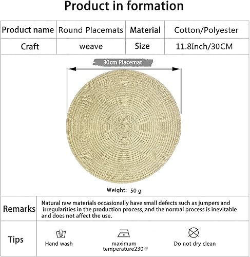 Miniatura 2 de Juego de 4 manteles individuales redondos de 11.8 pulgadas, resistentes al calor, trenzados, para mesa de cocina (dorado)