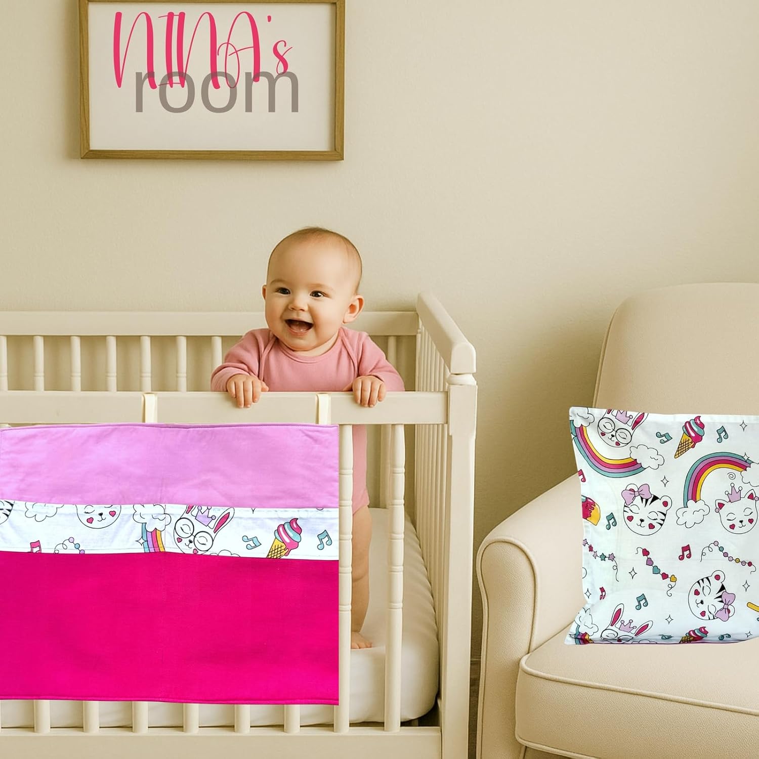 Personalized Baby Sleeping Sack for 2-12 Months & Nursery Essentials Set, 3-Piece Natural Cotton Gift Set for Baby Shower (Cats & Rainbows)