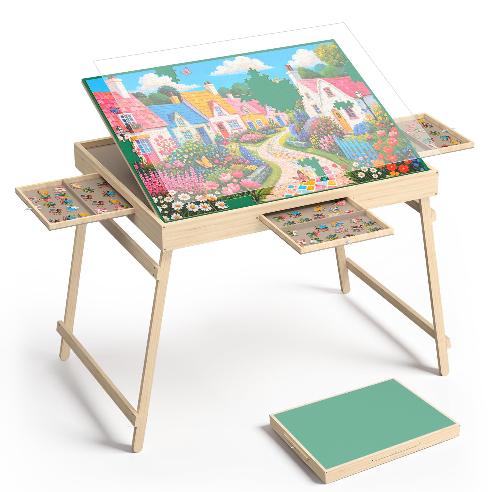 Tavolo Puzzle Portatile con Gambe, 77 x 57cm, in Legno Regolabile con 3 cassetti e Copertura,3 Angoli di inclinazione, Tavolo Puzzle per Adulti（1000 Pezzi ）