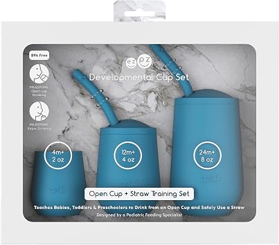 ezpz Developmental Cup Set Blue - 100% Silicone | Teaches Babies, Toddlers, and Preschoolers to Drink from an Open Cup and Safely Use a Straw - Designed by a Pediatric Feeding