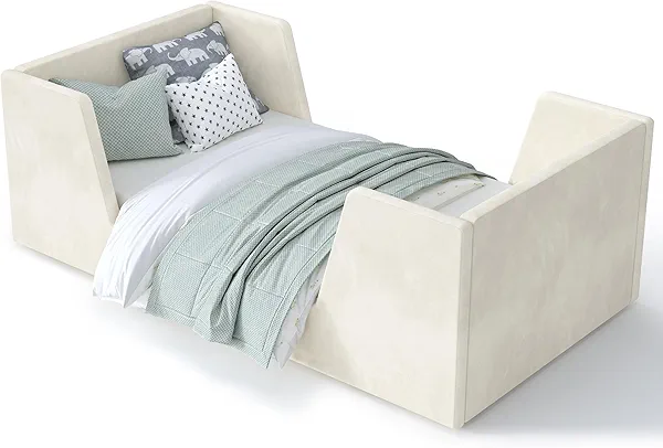 Toddler Bed, Toddler Floor Bed Frame with Guard Rails, Kids Bed for Ages 2-6 Years, Small Bed for Kids Girls and Boys, Standard Crib Mattress Toddler Beds, Certified Fabric Beds
