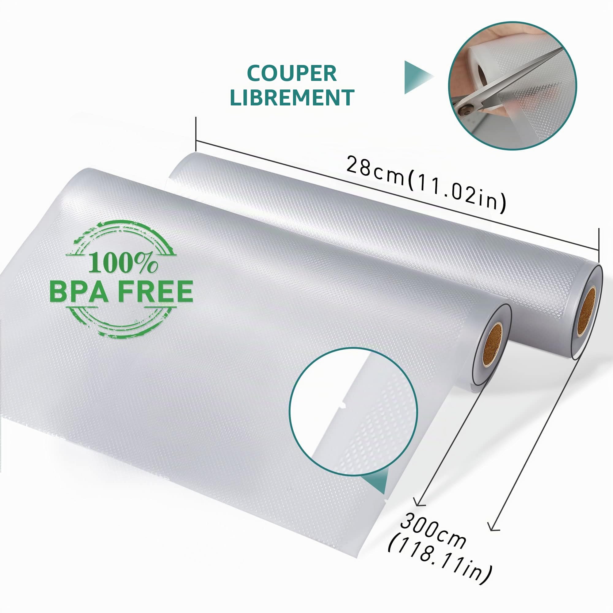 YISH Sac Sous Vide Alimentaire: Rouleau Sous Vide Alimentaire pour L'appareil de Mise Sous Vide, Sac Sous Vide pour La Cuisson, 5 Rouleaux 28x300cm, Film Sous Vide Alimentaire sans BPA