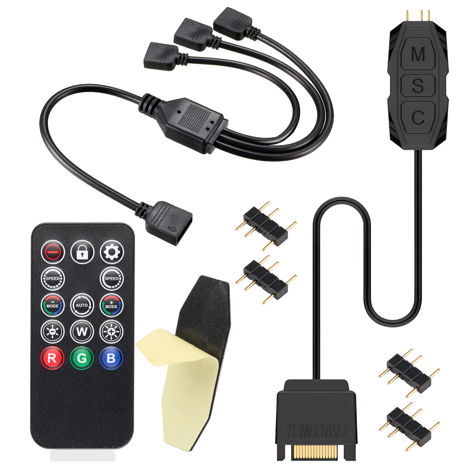 argb Controller con telecomando, controller da 5 V a 3 pin, alimentato da SATA, 14 chiavi per effetti di illuminazione RGB, adatto per ventole e strisce luminose, con cavo splitter da 1 a 3