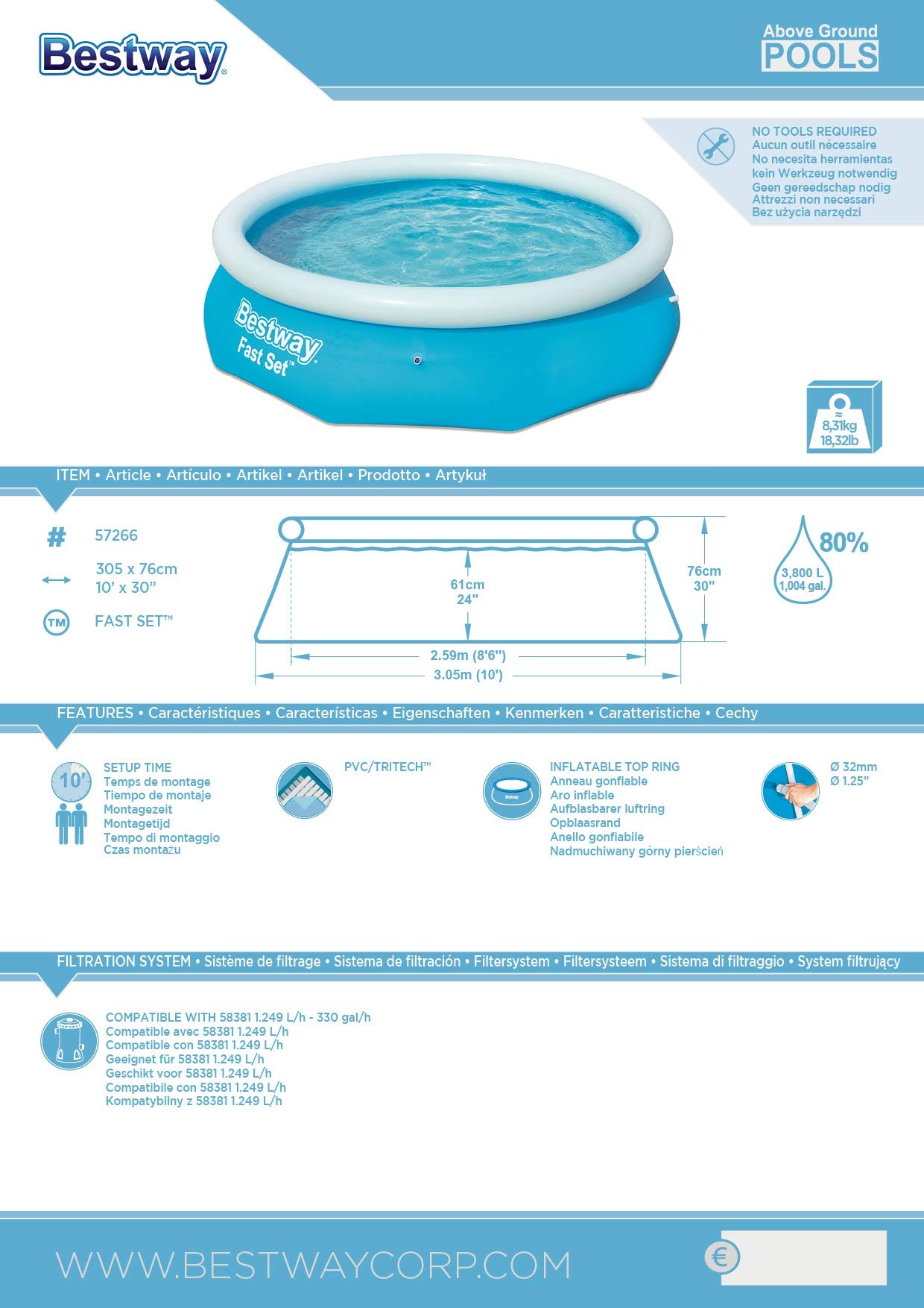 Bestway 57266 Piscina Fuori Terra Fast Set da 305x76 cm