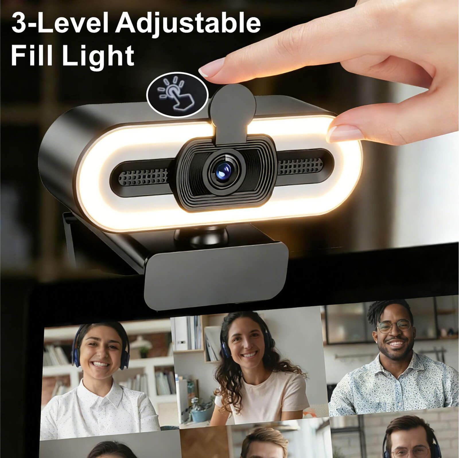 Cámara web 4K con luz de relleno, cámara de computadora con cubierta de privacidad y micrófono que reduce el ruido, cámara web para PC/portátil/Mac/monitor, adaptador USB-A a USB-C incluido, brillo