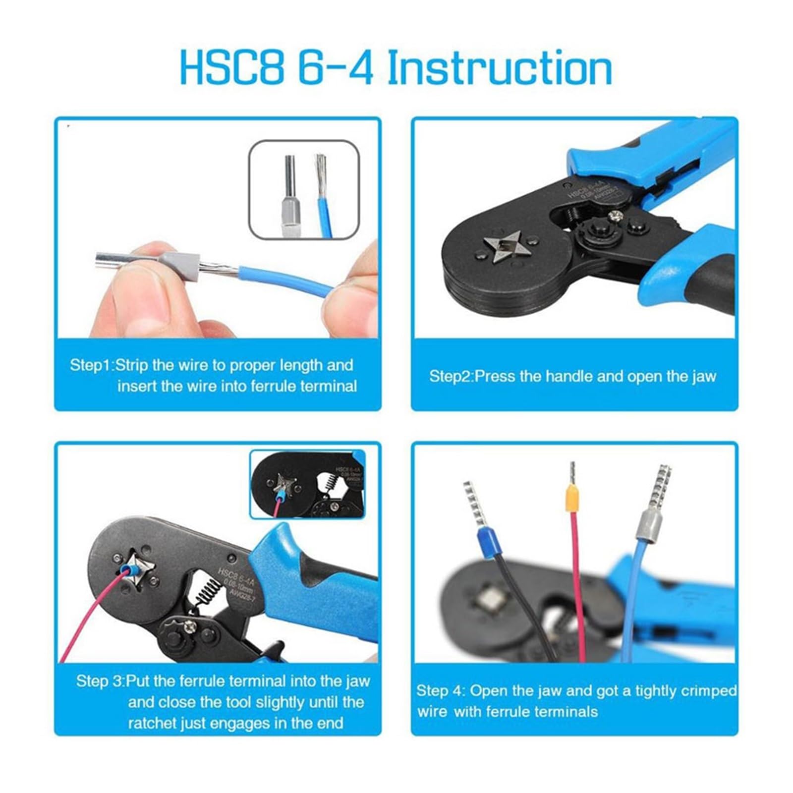 engastadora, Alicates de crimpeado HSC8 6-4 0,08-10 mm², pelacables, aguja tubo, alicates manuales autoajustables, kit 1200 terminales