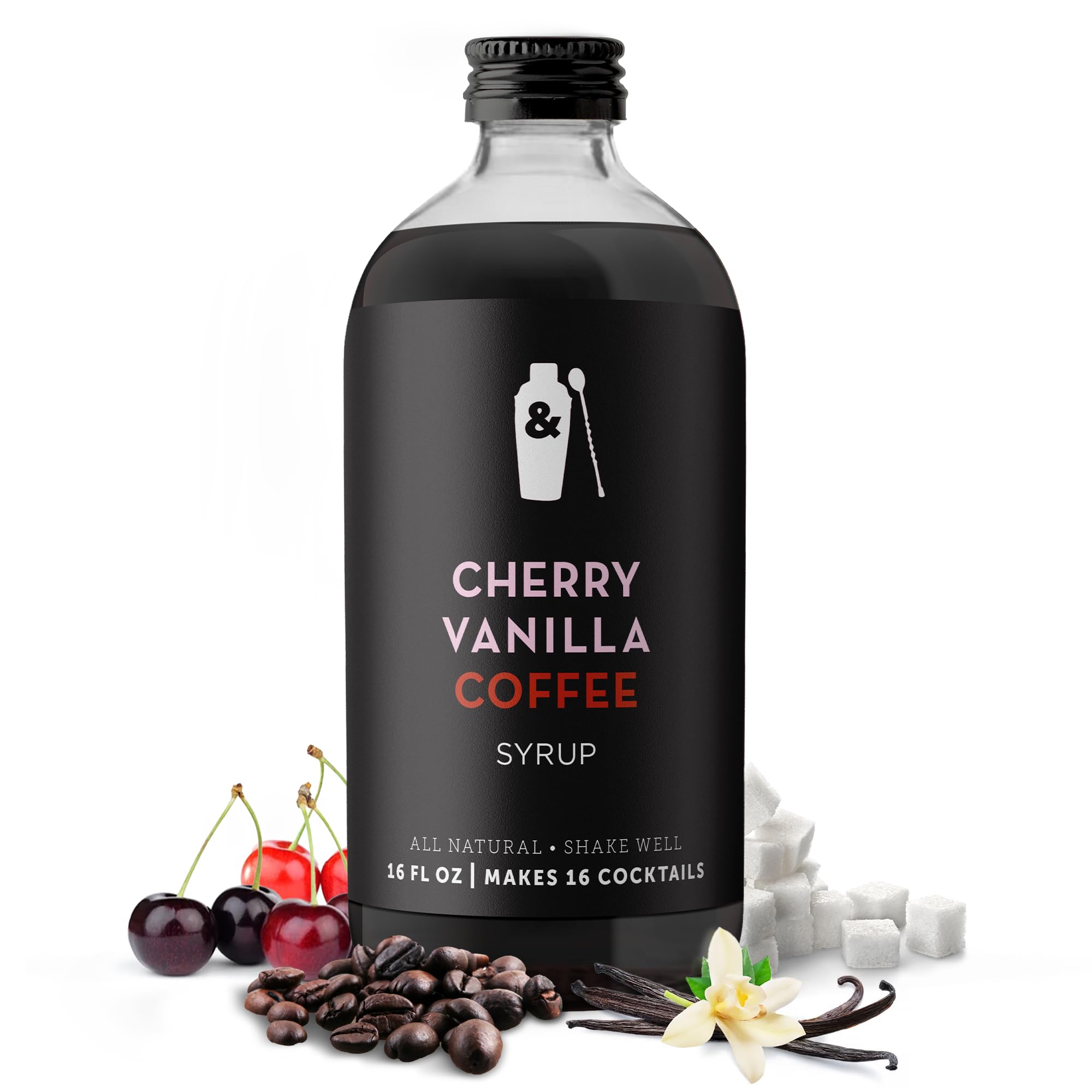 Shaker & Spoon Cherry Vanilla Coffee Syrup, 16oz Syrup for Drinks, Coffee Syrups, Cocktail Mixers, Mocktails, Non Alcoholic Drinks
