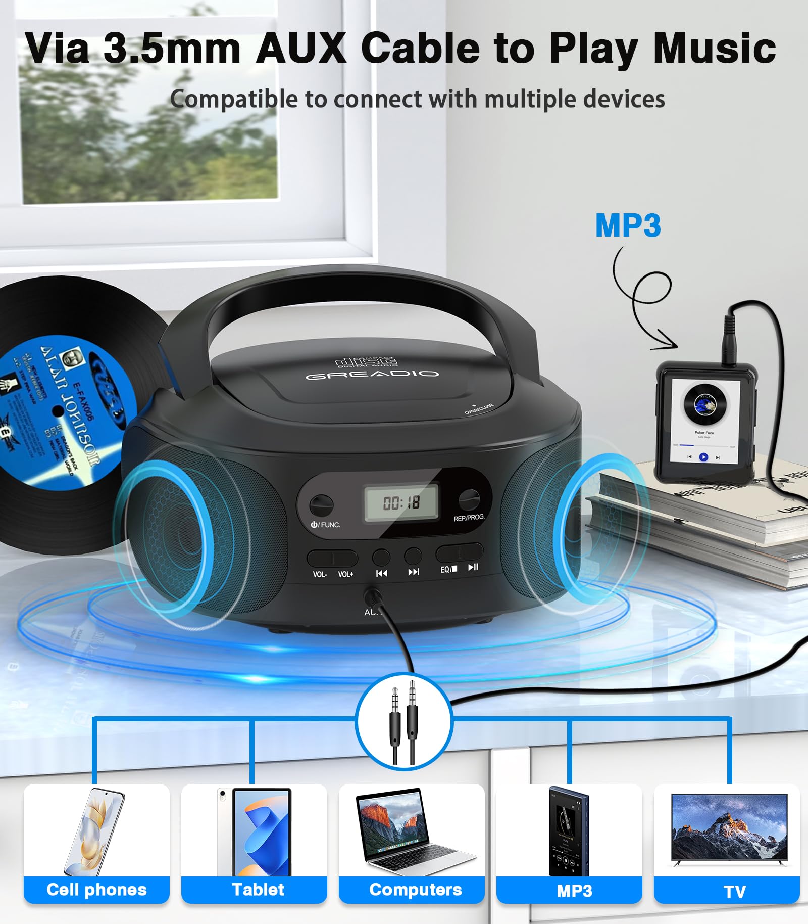 Greadio Draagbare cd-speler met AUX-ingang, Boombox CD-speler met luidsprekers, CD/CD-R/CD-RW compatibel, programmeren, batterij/type-C, digitale cd-boombox voor kinderen, senioren, thuis