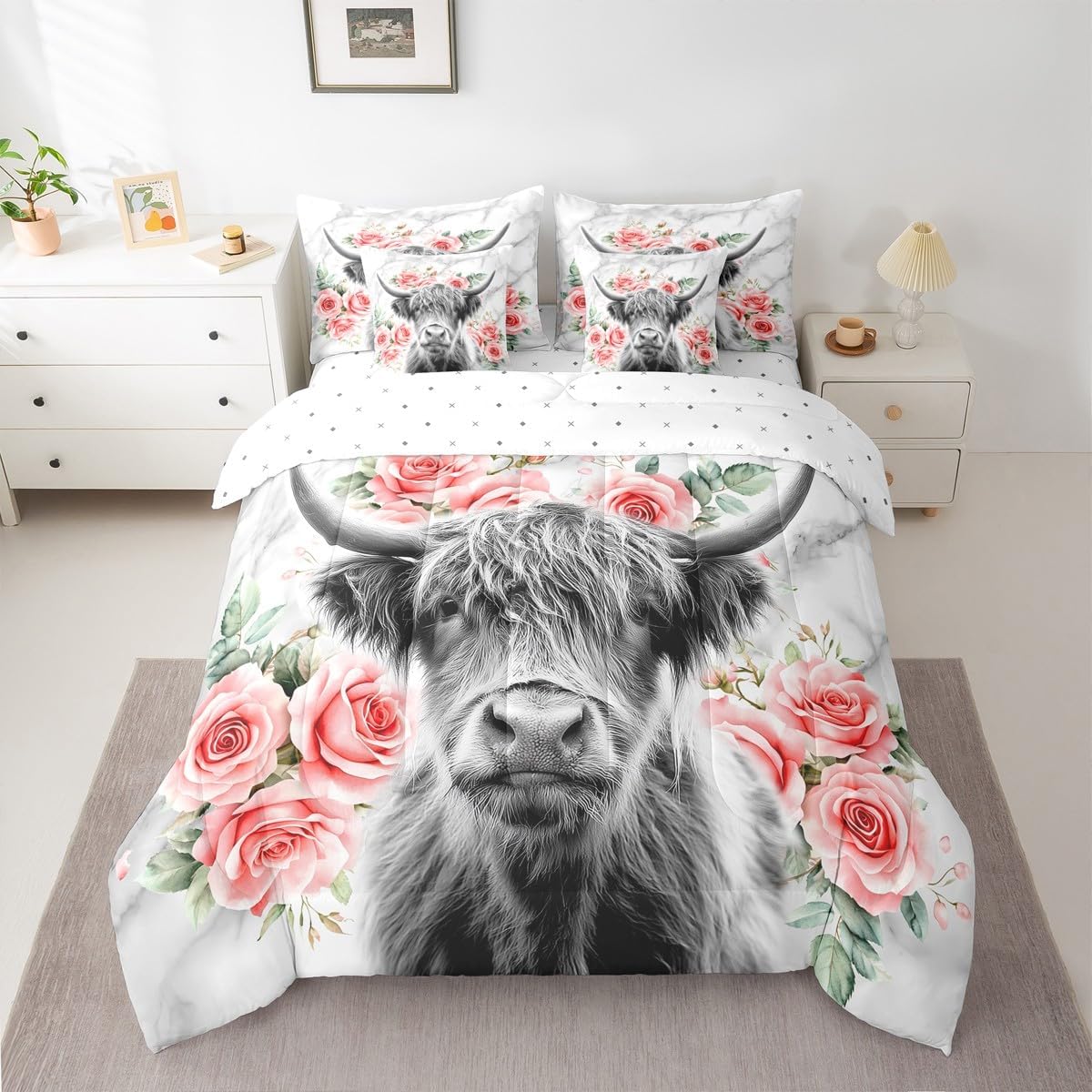 Erosebridal Highland Cow Flower Queen Comforter Set with Sheets 7 Piece Rose Grey Marble Bed in A Bag Western Funny Animal Bedding Sets for Kids Boys,Wildlife Farmhouse Cattle Bed Set
