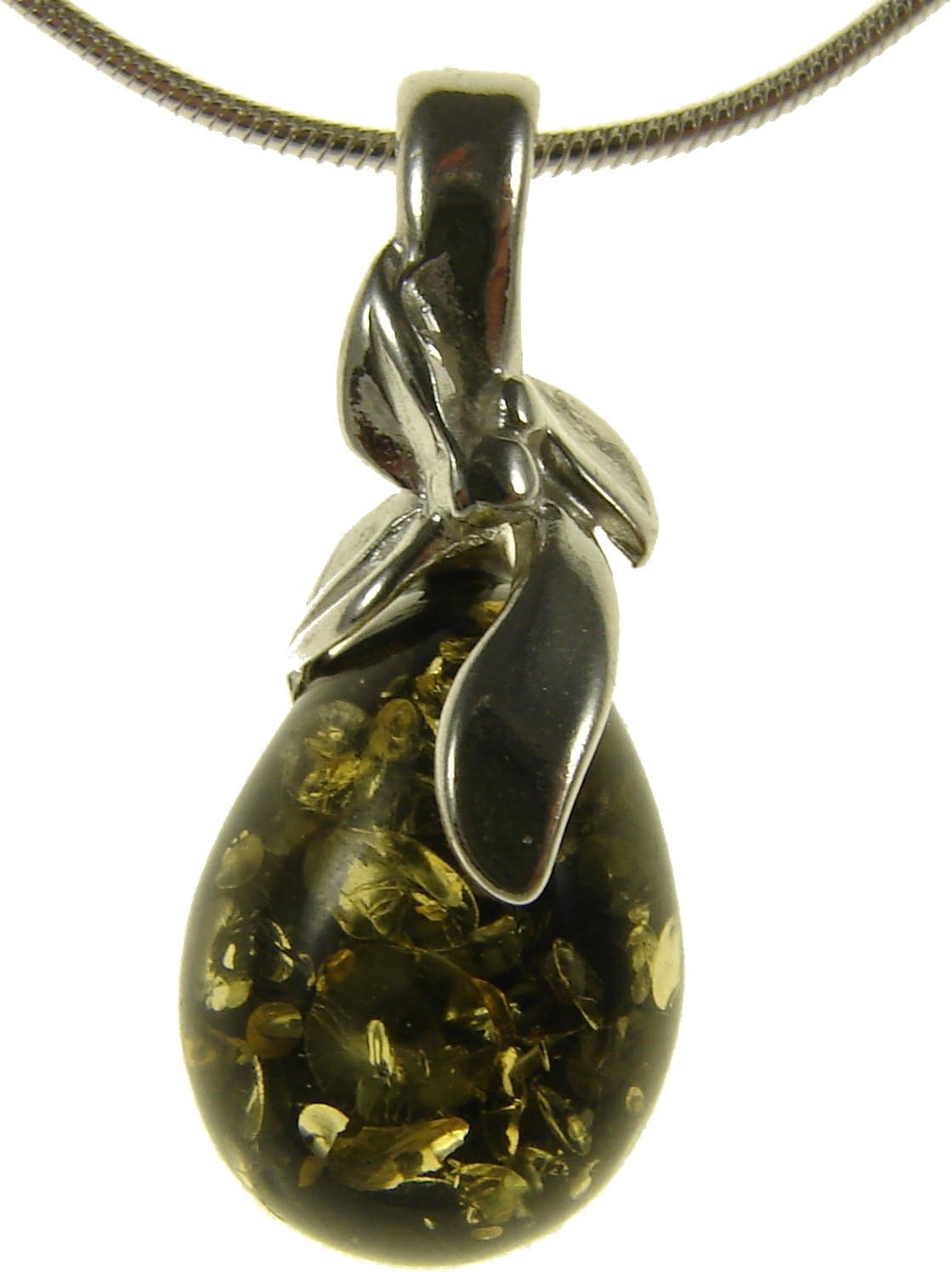 Baltic amber and sterling silver 925 green pendant necklace with 1mm Italian sterling silver 925 snake chain