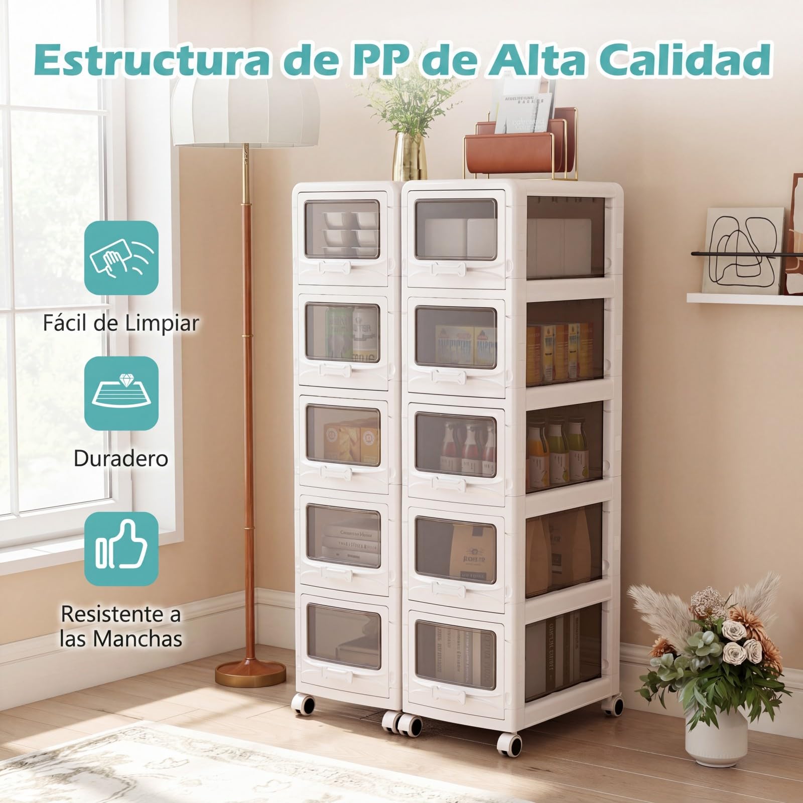 COSTWAY Cajas Almacenaje Plástico, Cajas de Almacenamiento de 3/4/5 Niveles con Ruedas Bloqueables, Cajones Transparentes con Asas, Carrito Multiusos para Salones Oficinas Domitorios Blanco (3)