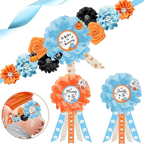 Conjunto de banda y ramillete de maternidad para baby shower, color azul naranja y azul, cinturón de vientre A Baby is Brewing Belly Belt, Mommy to