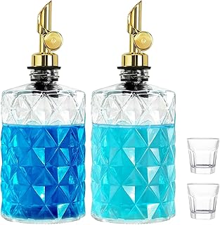 GMISUN Mouthwash Dispenser for Bathroom, Luxury Diamond Glass Mouth Wash Container, 2 Pack Glass Mouthwash Dispenser Bottles with Cups, Auto-Flip Mouthwash Decanter, 12oz