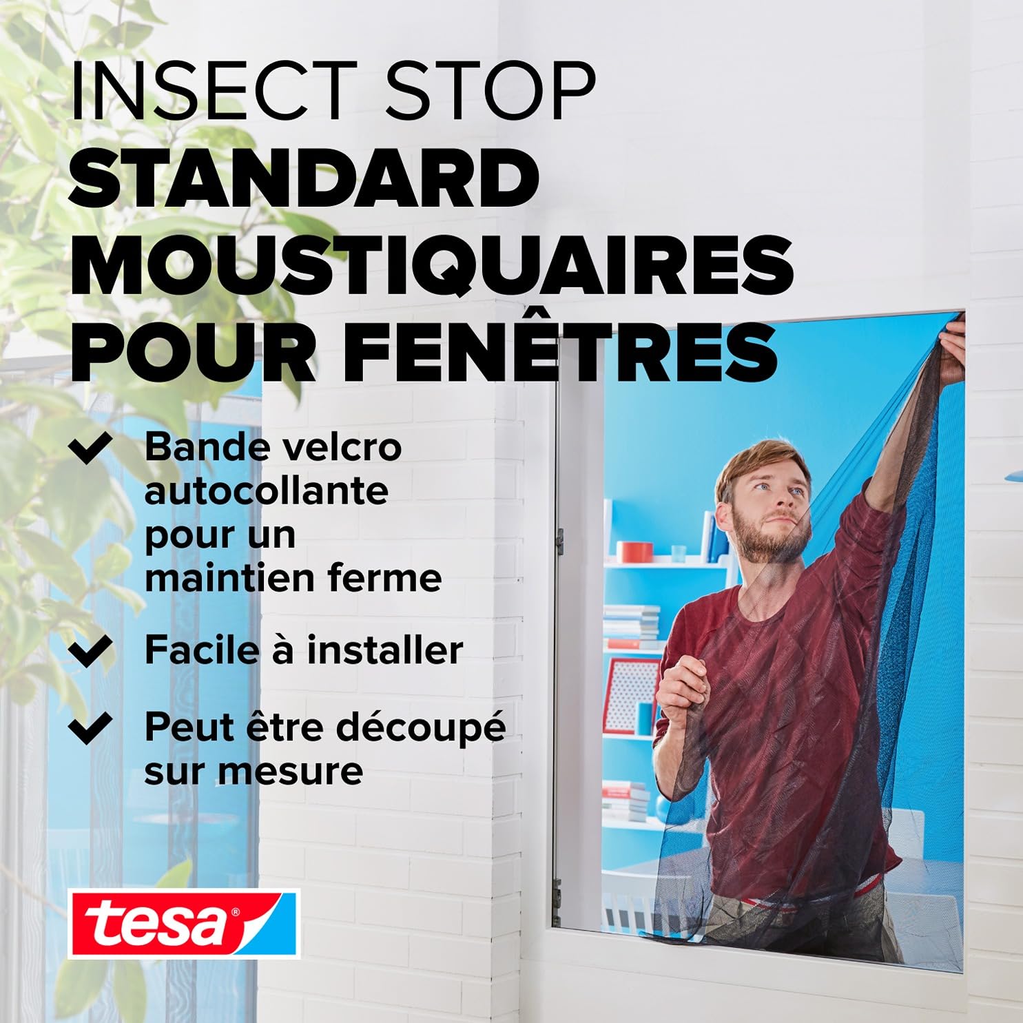 Tesa Insect Stop Auto-Agrippant STANDARD pour Fenêtres - Filet Anti-Moustiques Adhésif - Découpable à la Dimension Souhaitée - Anthracite, Lot de 3, 130 cm x 150 cm