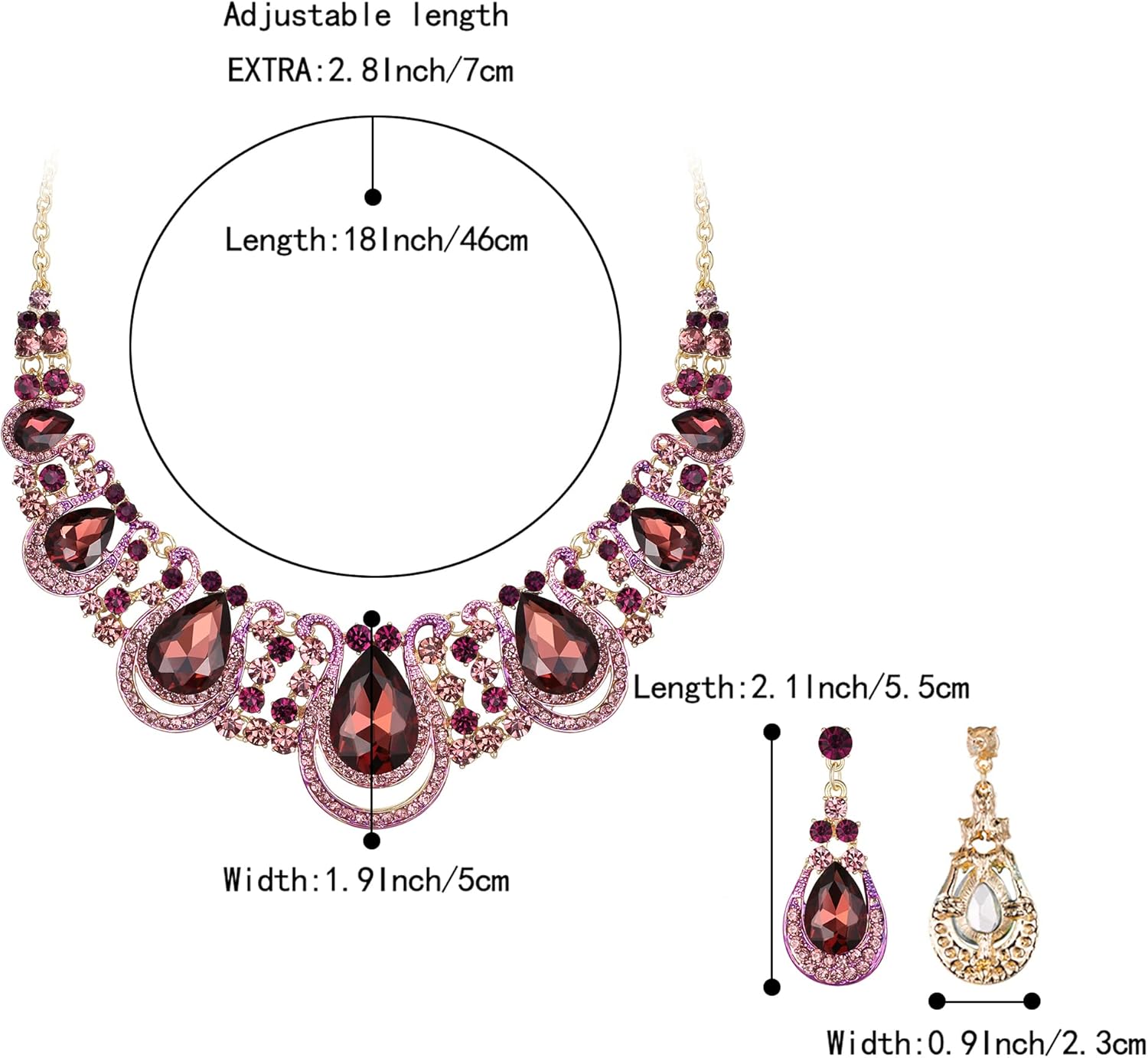 BriLove Women's Costume Fashion Crystal Teardrop Hollow Scroll Statement Necklace Dangle Earrings Set - Image 4