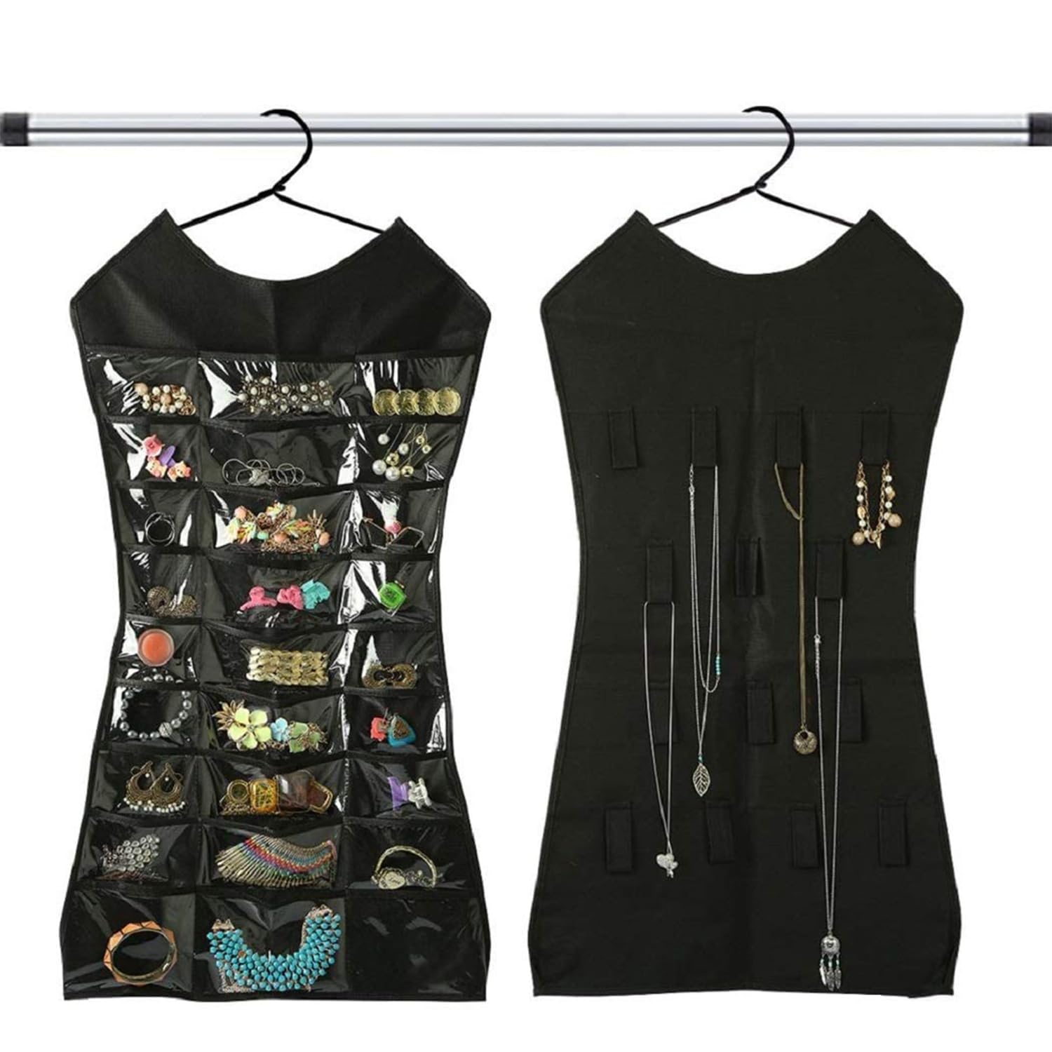 Kuber Industries Hanging Jewellery Organizer With Pockets|Metal Hook|Zipper Pockets (Black)