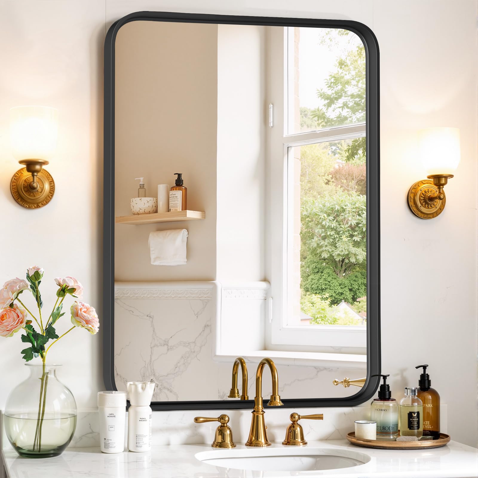 Bathroom Mirror 36x24 Inch Black Metal Frame Rectangle Vanity Mirror with Rounded Corners, Modern Wall Mounted Anti-Rust Mirror for Farmhouse,