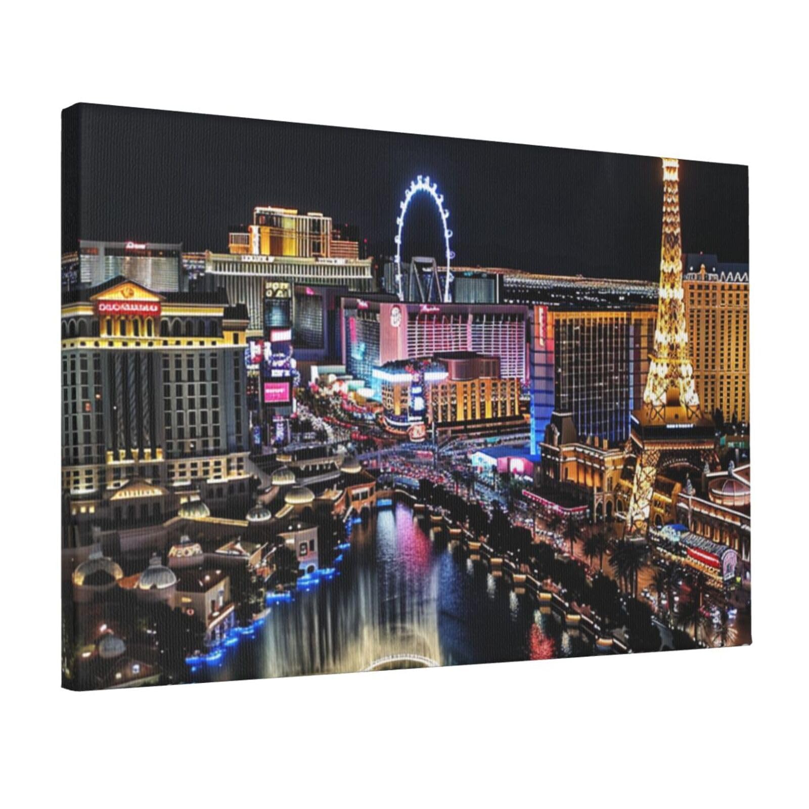 YKLJG Las Vegas night view Printed Wall Art Canvas Prints 45x30 CM Wooden Framed Picture Painting Artwork for Bedroom Kitchen Home Office Decor