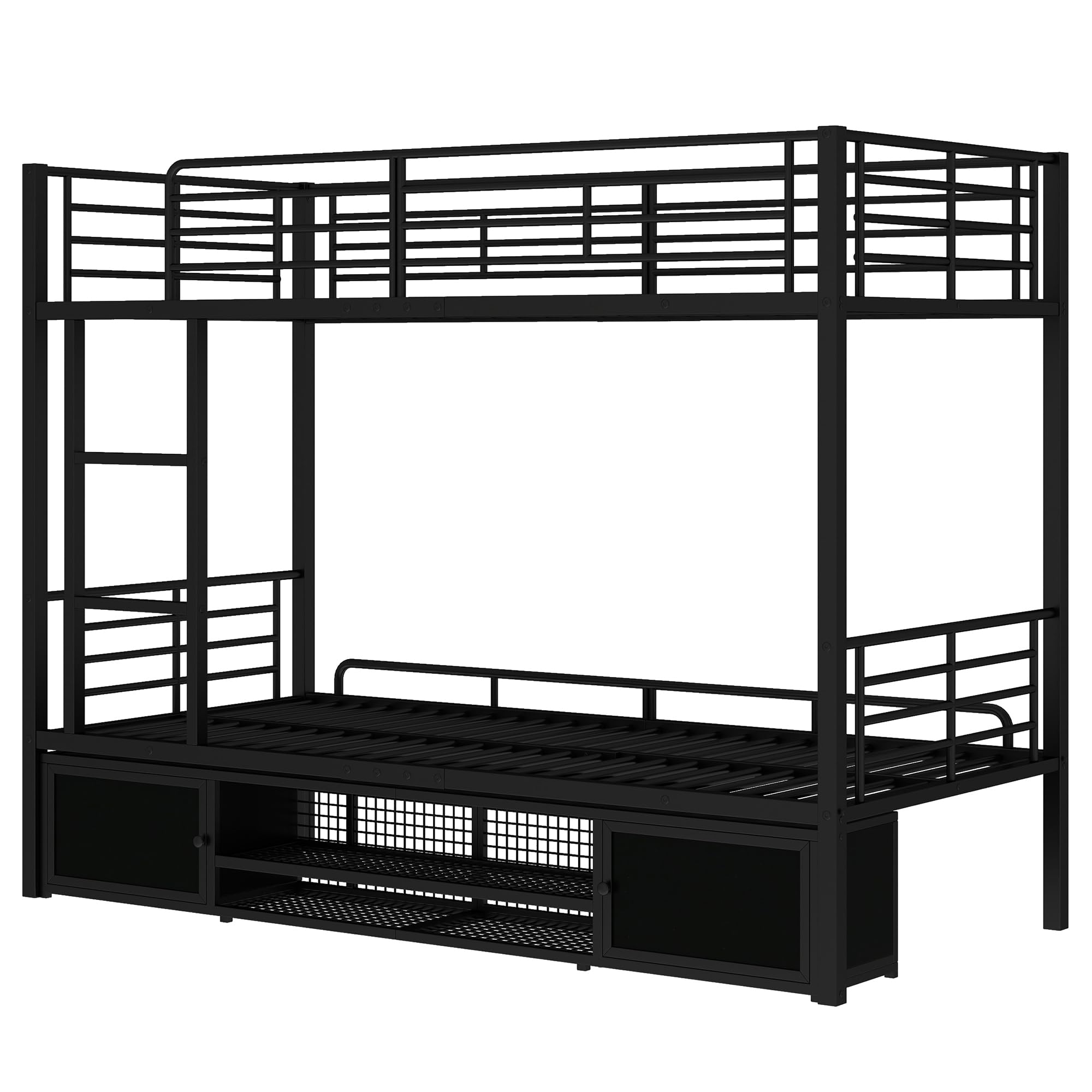 Cama con marco de hierro, litera, negro, 90 x 200 cm, zapatero abierto, armario de almacenamiento de doble puerta, con escalera lateral, rejilla protectora, sin colchón