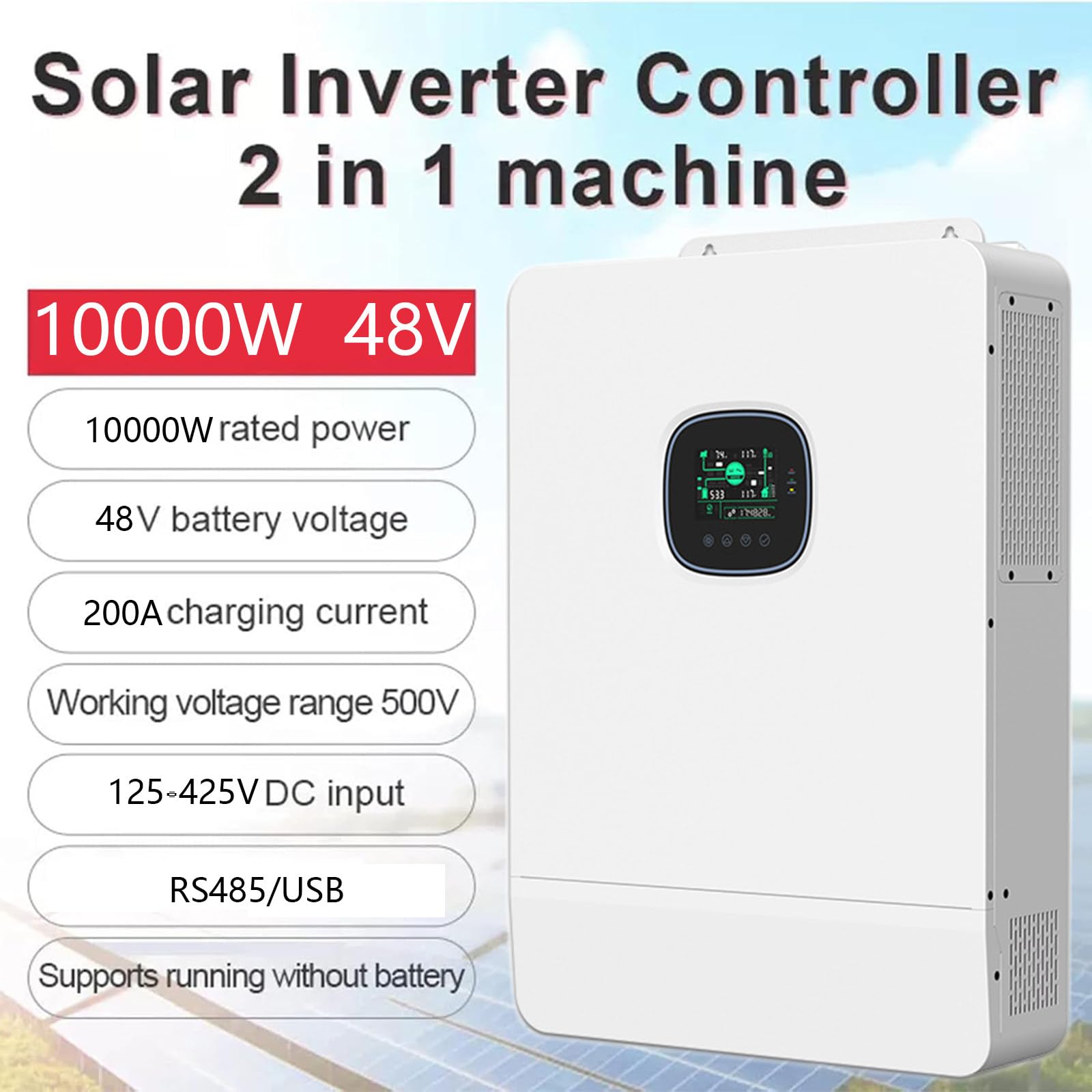 Inverter Solare Ibrido da 10000 W, 48 V CC a 110 V CA, Inverter Solare a Onda Sinusoidale Pura con Regolatore di Carica Solare MPPT da 200 A, per Sistemi Fuori Rete con Batteria da 48 V