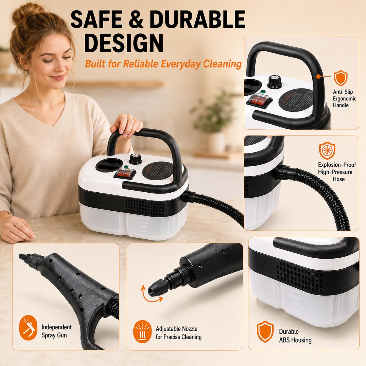 auvstar Limpiador a Vapor Portátil 2500W, 6 Niveles Ajustables, Depósito 1200ml, Vaporeta Multifunción, Steam Cleaner para Cocina, Baño, Coche, Ventanas, Suelos
