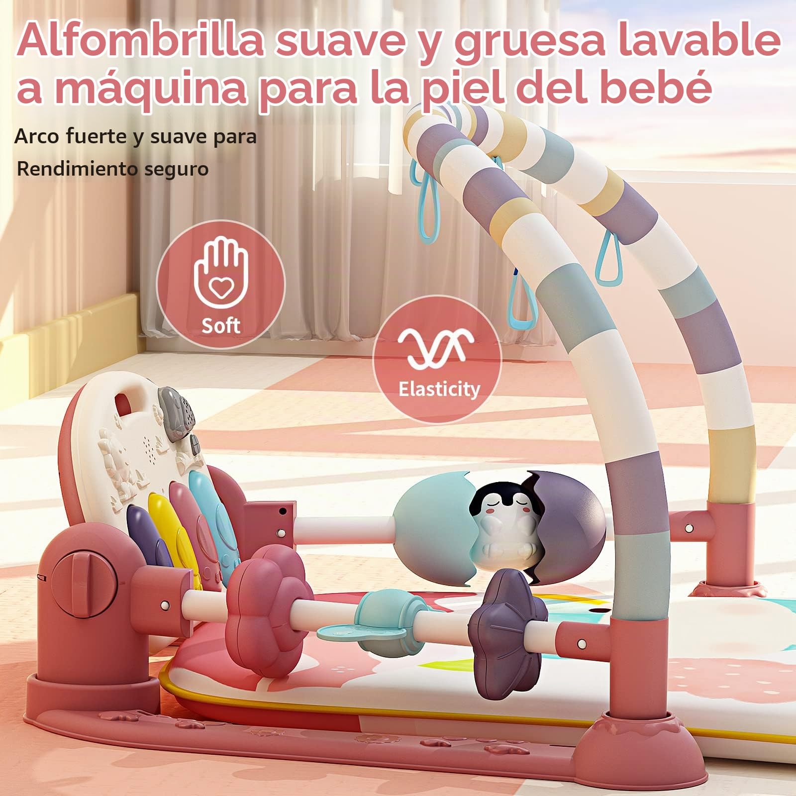Gimnasio De Juegos Para Bebe con Piano, Alfombra de Gateo con Luces y Sonidos, Manta de Juego con Arco de Juego y 5 Juguetes Extraíbles para Bebés, Alfombrilla de Fitness Kick Piano para 0-36 Meses