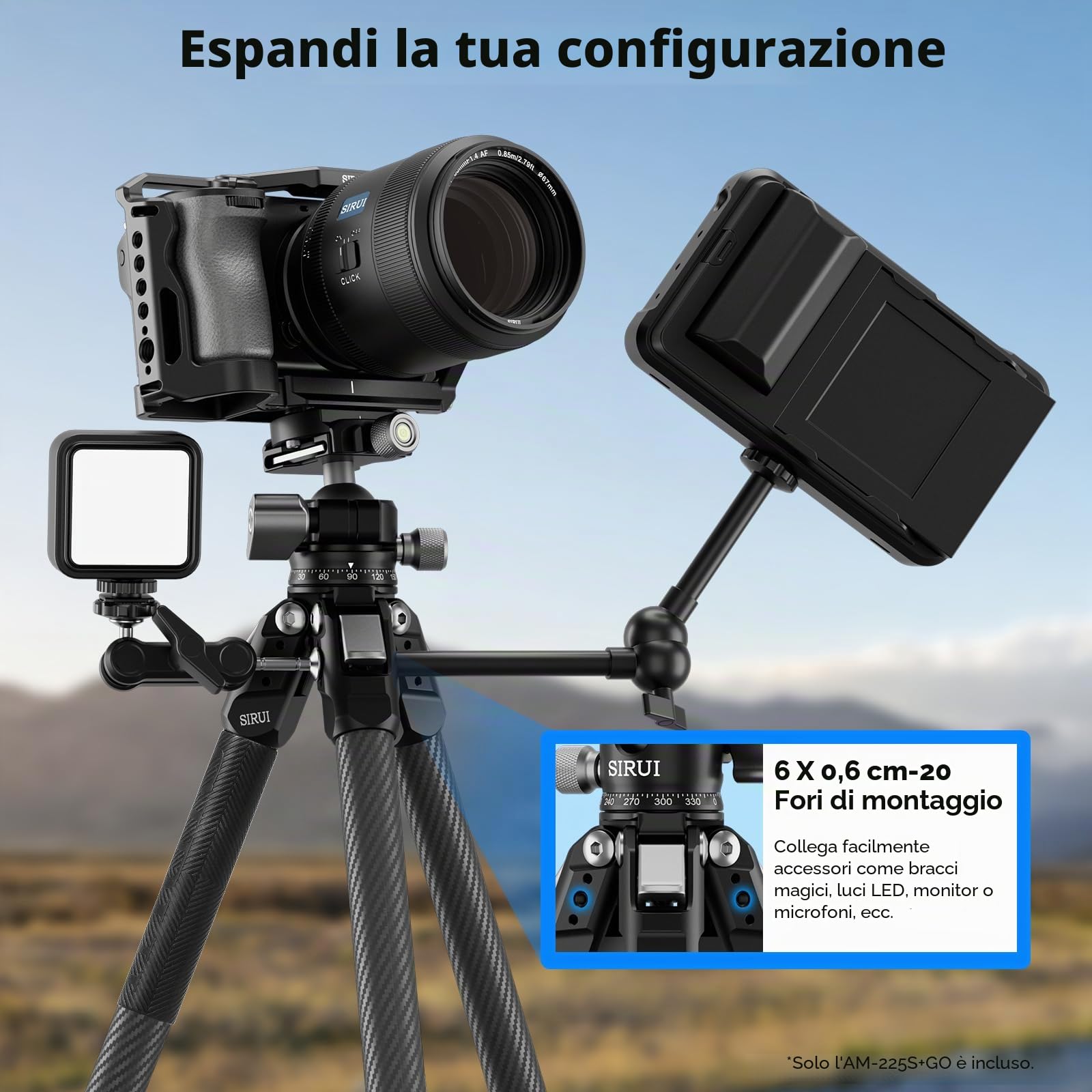 SIRUI Treppiede da Viaggio in Fibra di Carbonio, 127cm Treppiede Compatto e Leggero con 360° Testa a Sfera a Basso Profilo con Piastra a Sgancio Rapido per Arca, Carico Fino a 6kg, AM-225S+G0